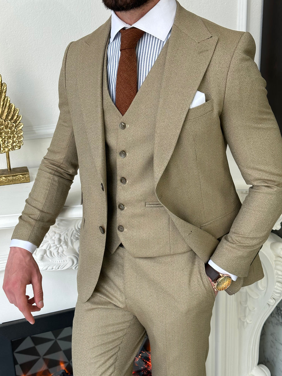 VIOSSI beige striped slim-fit 3-piece suit front view - Italian suit styles with subtle pinstripe pattern