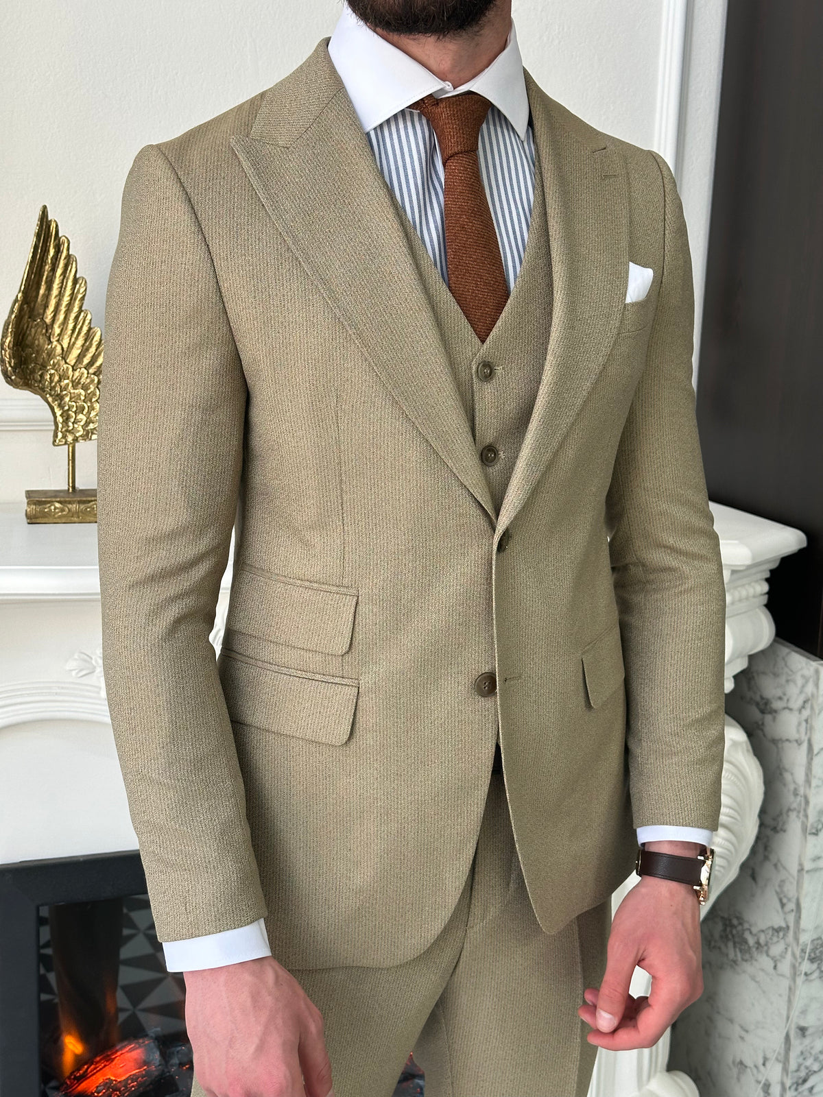 VIOSSI beige striped slim-fit 3-piece suit jacket detail - Italian suit styles pinstripe texture closeup