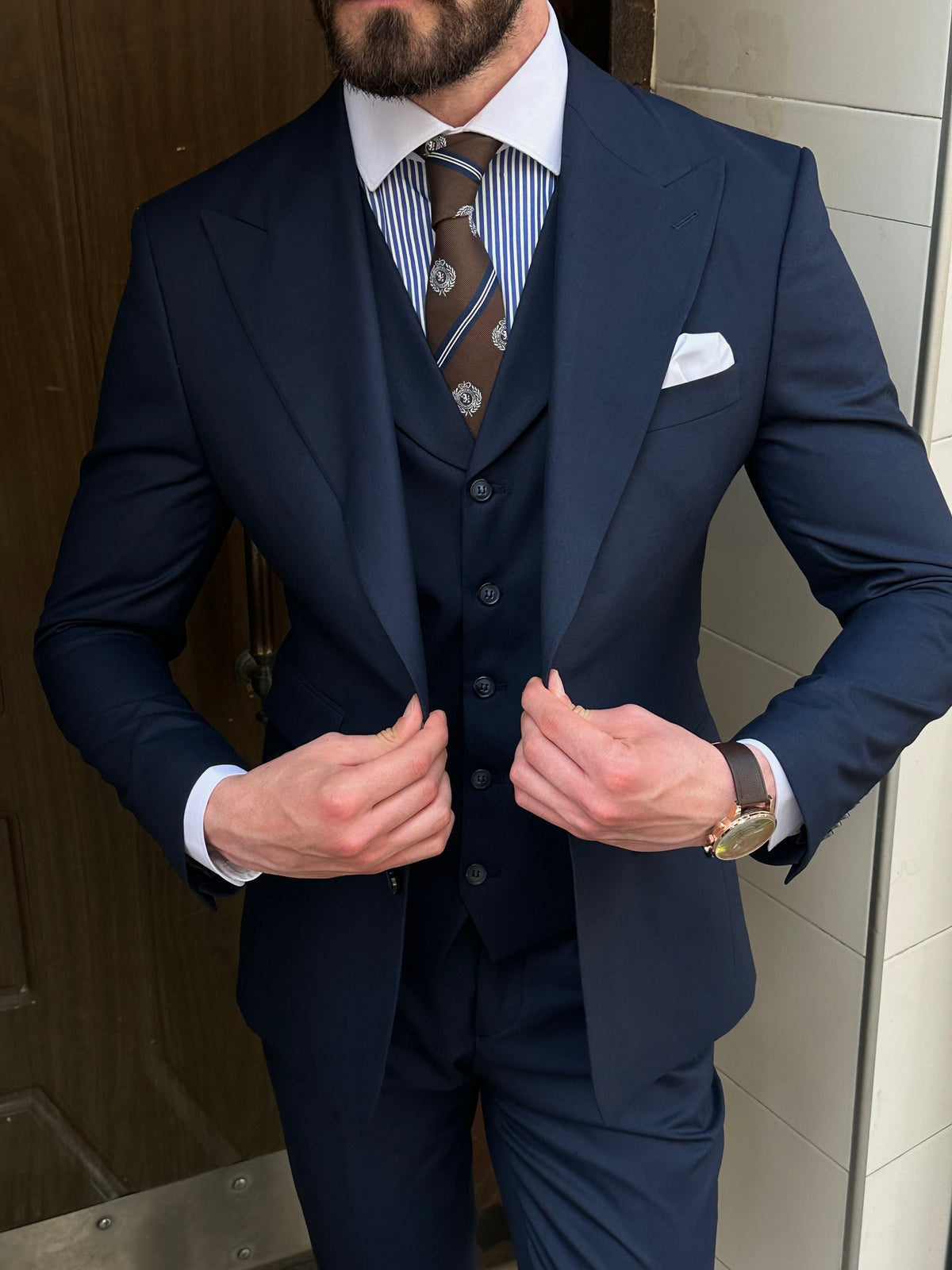 VIOSSI navy slim-fit 3-piece suit full outfit styled - Italian suit styles as alternative to light blue wedding suit