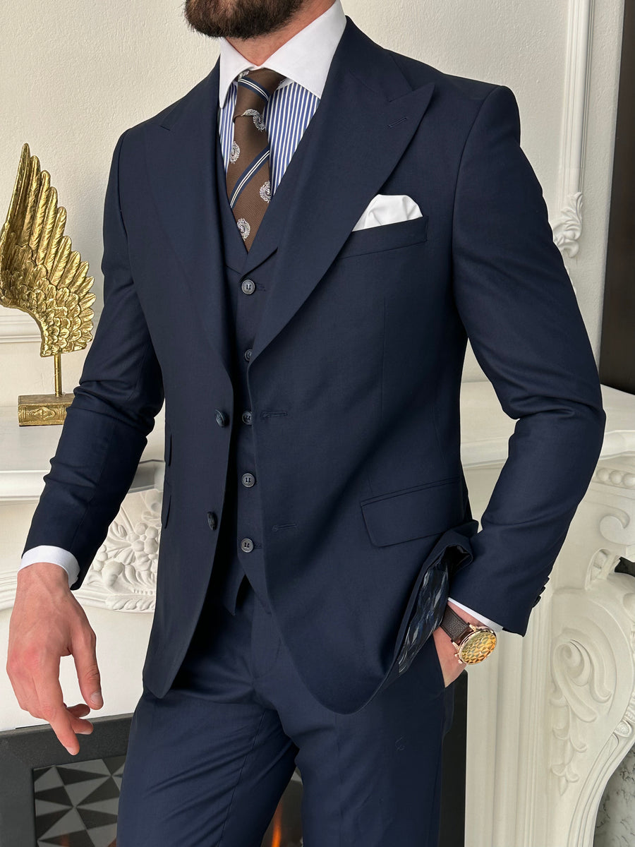 VIOSSI navy slim-fit 3-piece suit front view - Italian suit styles ideal for weddings and formal events