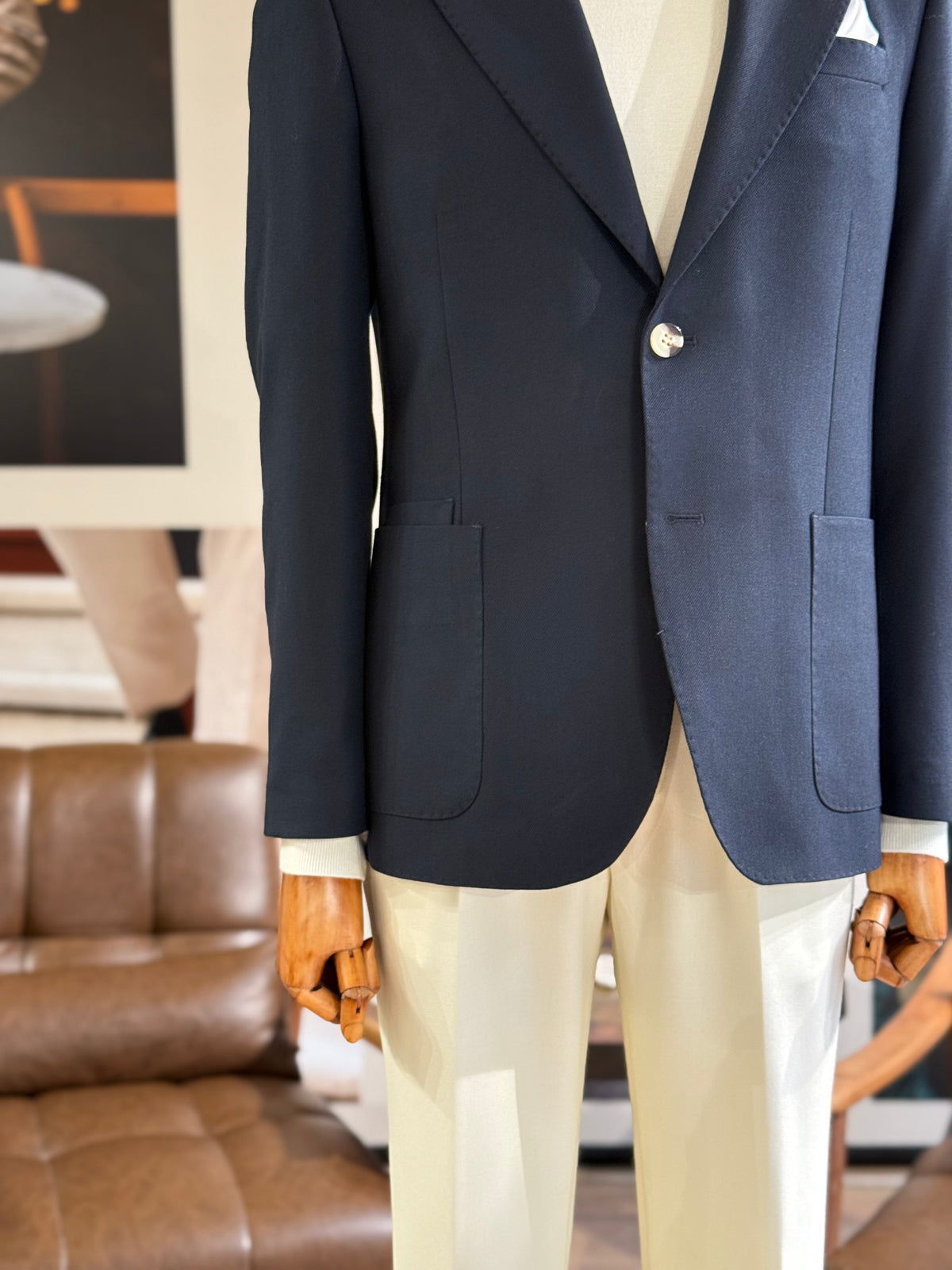 VIOSSI navy single breasted blazer front view - men double breasted blazer style formal jacket