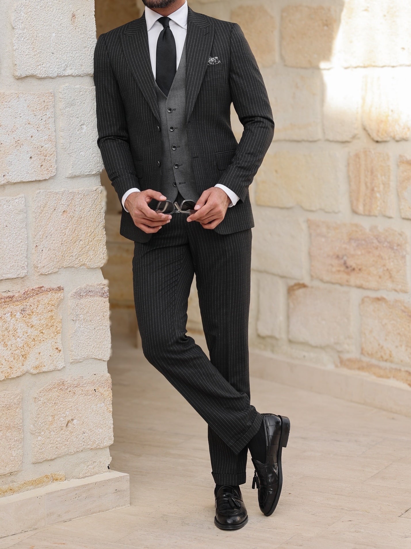 Black Double-Sided Vest Suit 3-Piece