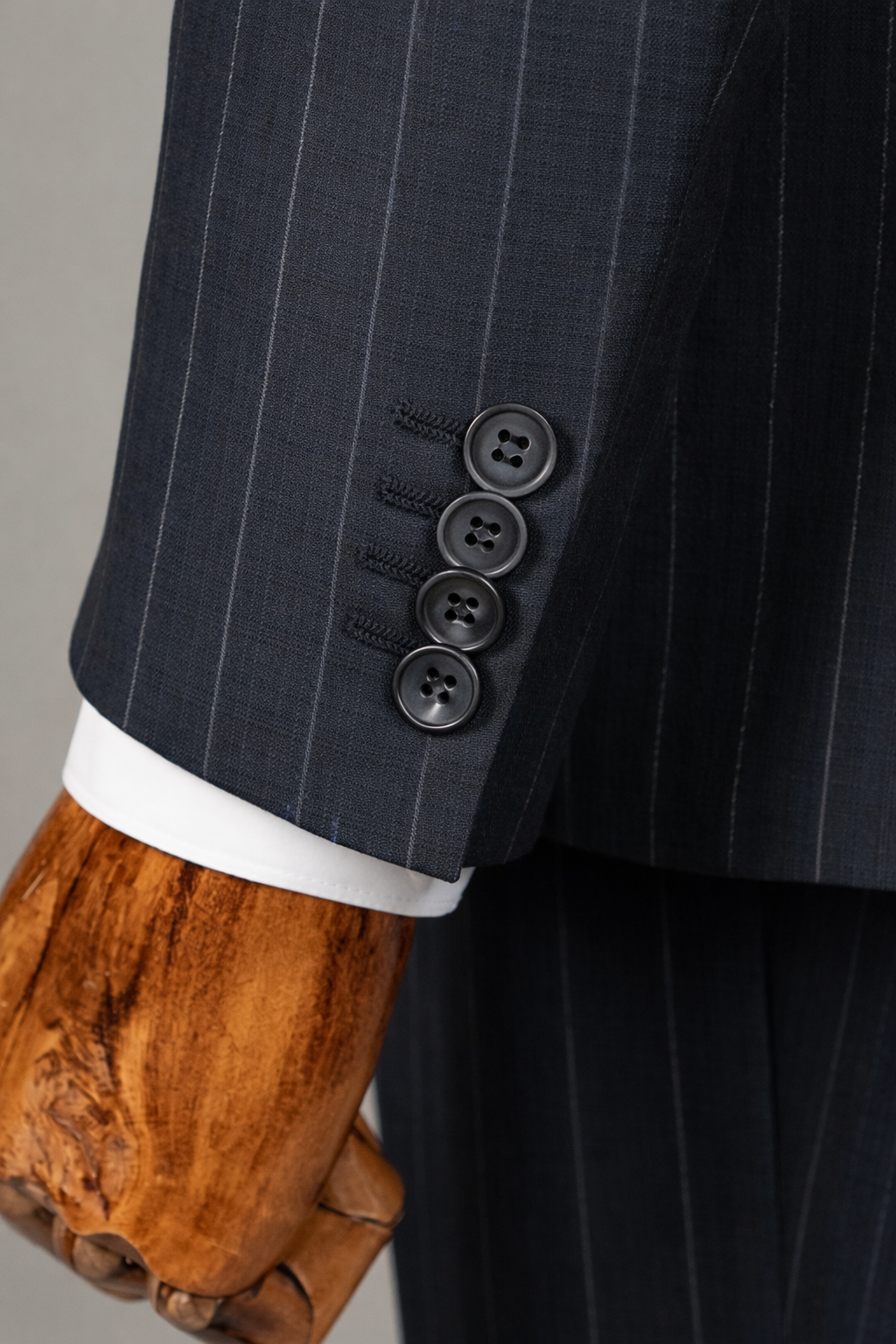 VIOSSI navy striped tuxedo double breasted suit 2-piece front view showing italian suit styles with peak lapels