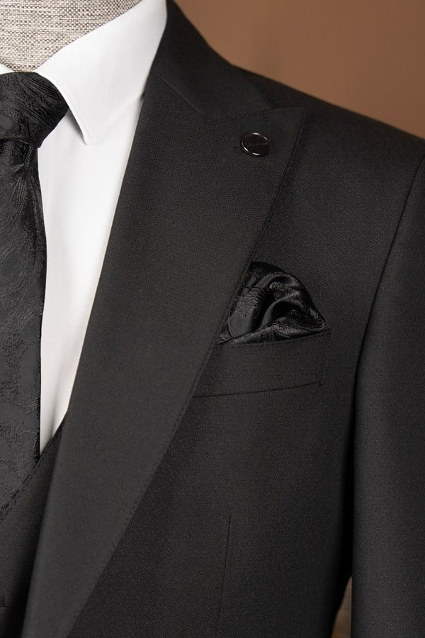 VIOSSI Black Slim-Fit Suit 3-Piece front view showing italian suit styles with tailored jacket, vest, and trousers