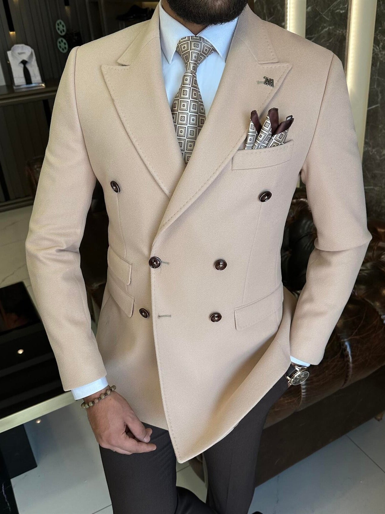 Beige Double Breasted Blazer