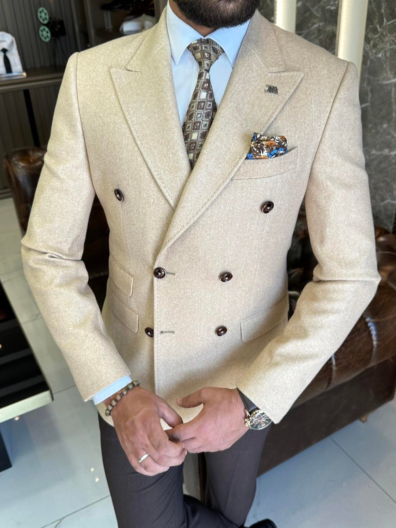 Beige Double Breasted Blazer