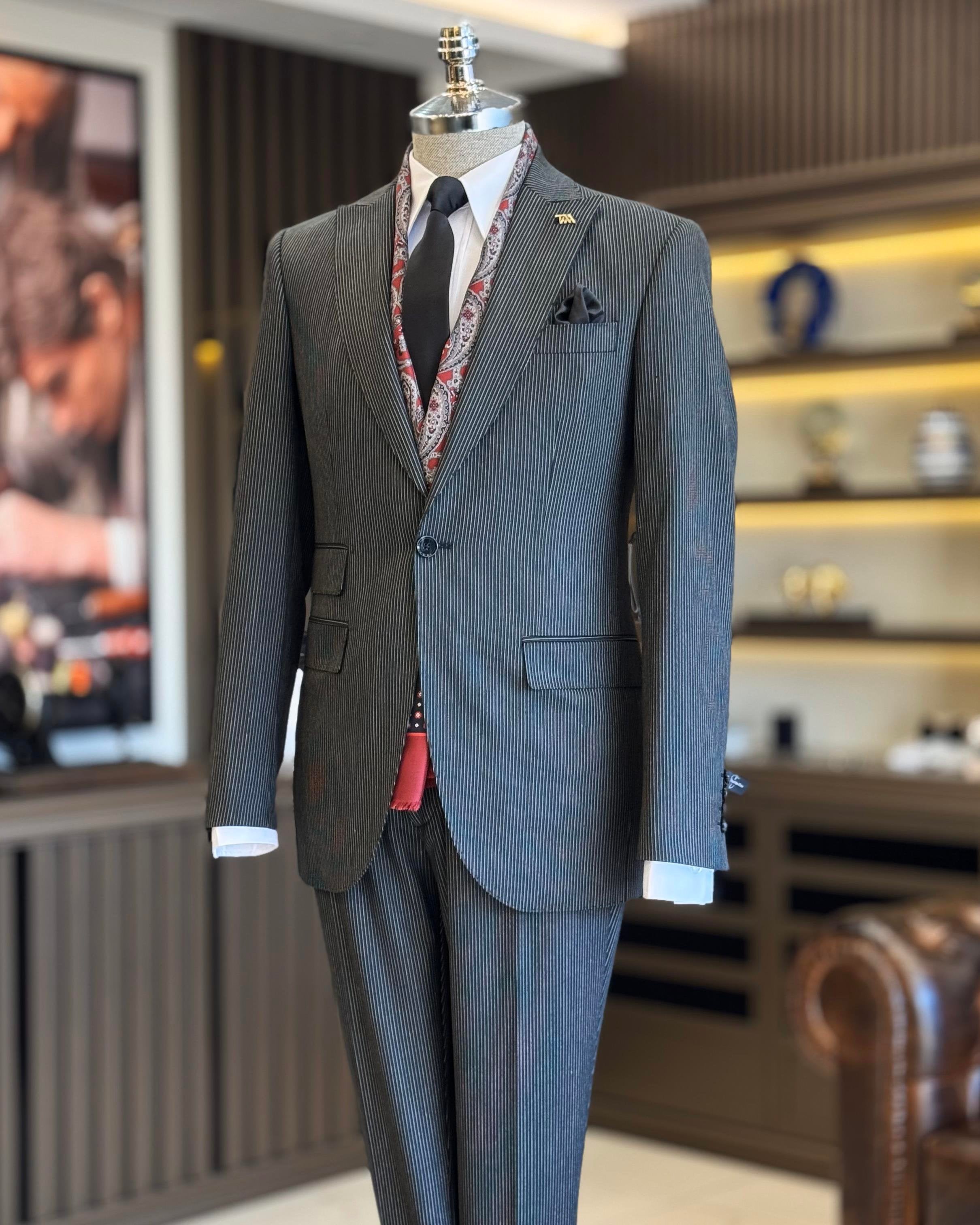 Grey Striped Slim-Fit Suit 2-Piece