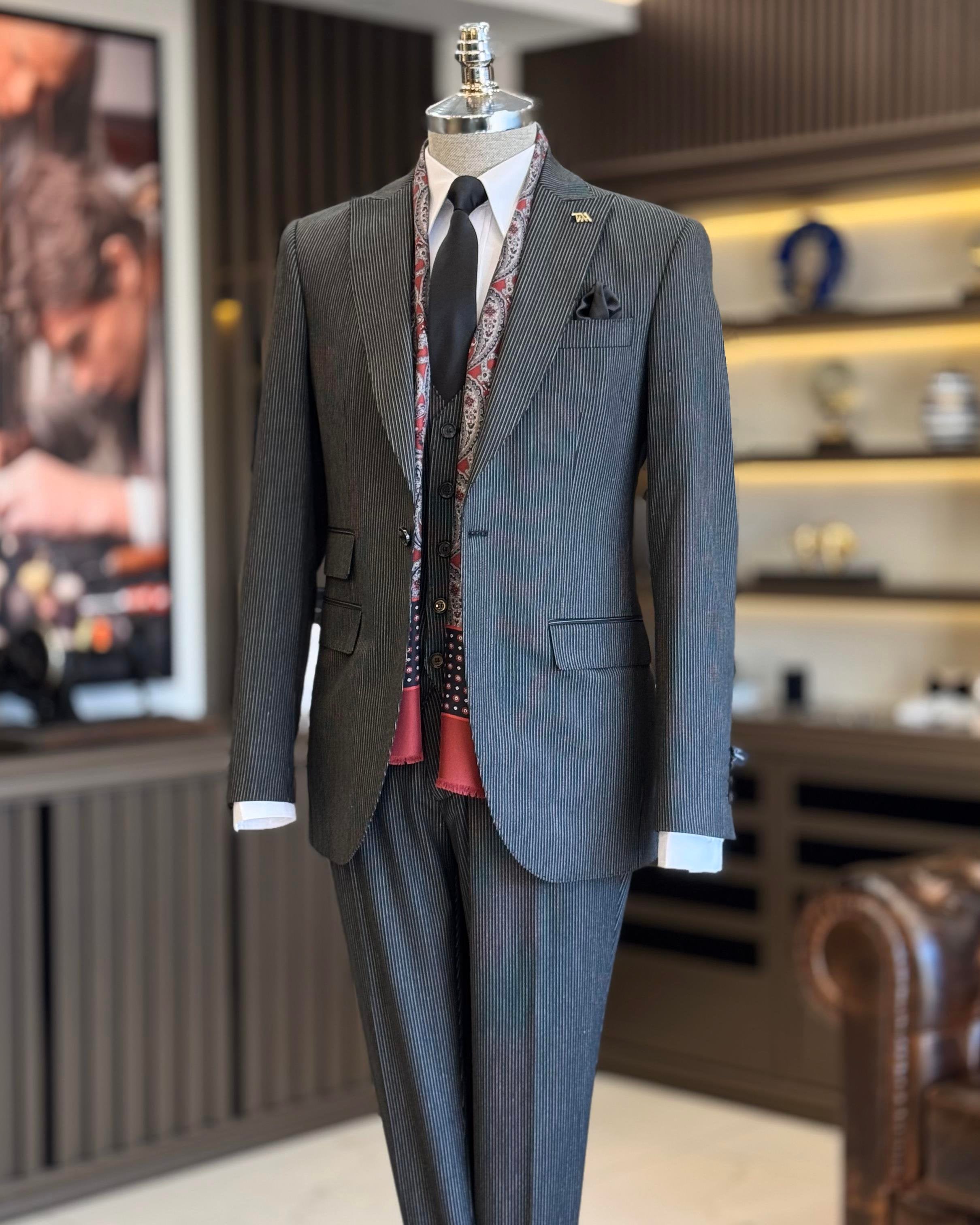 Grey Striped Slim-Fit Suit 2-Piece