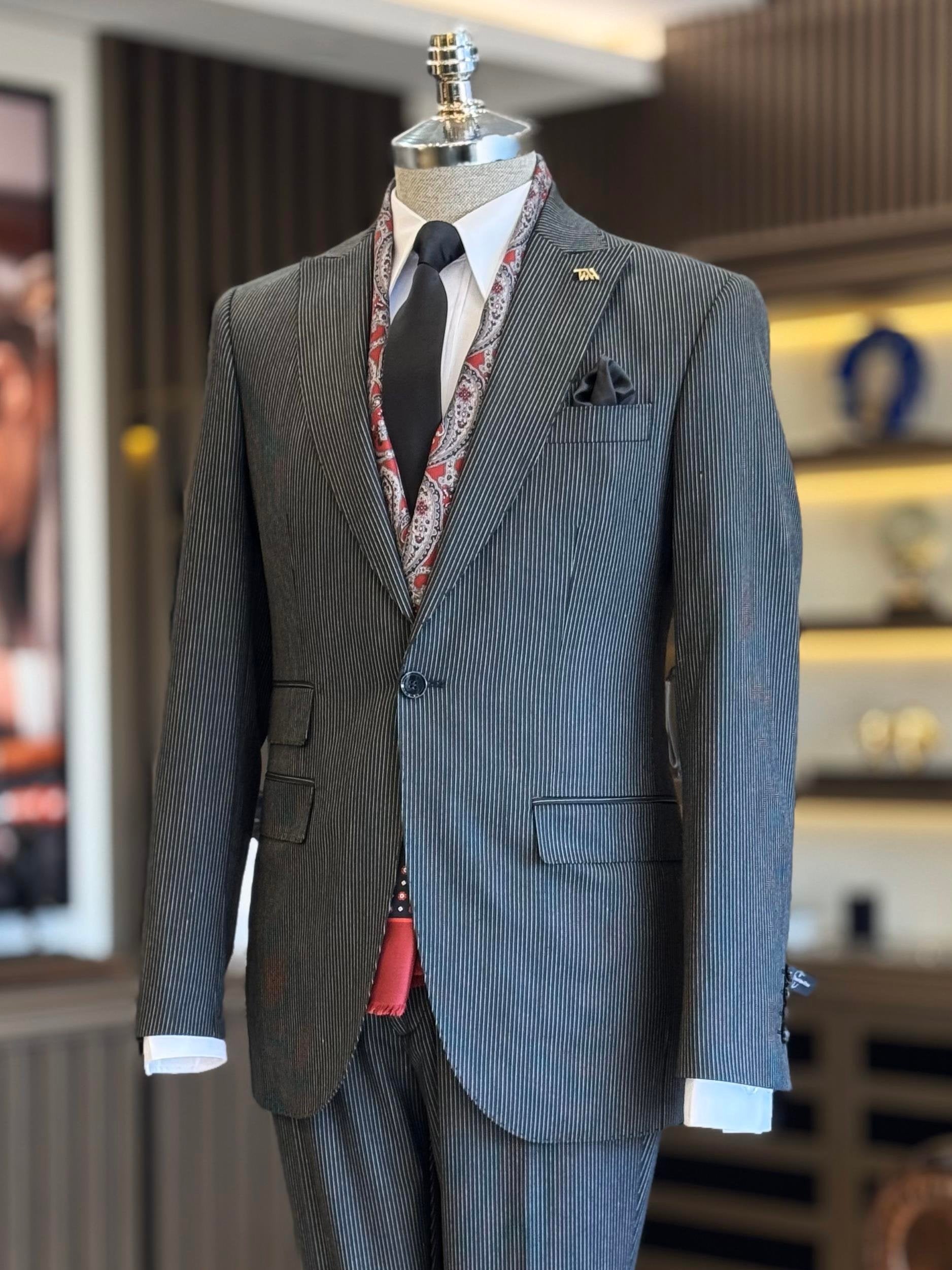 Grey Striped Slim-Fit Suit 2-Piece