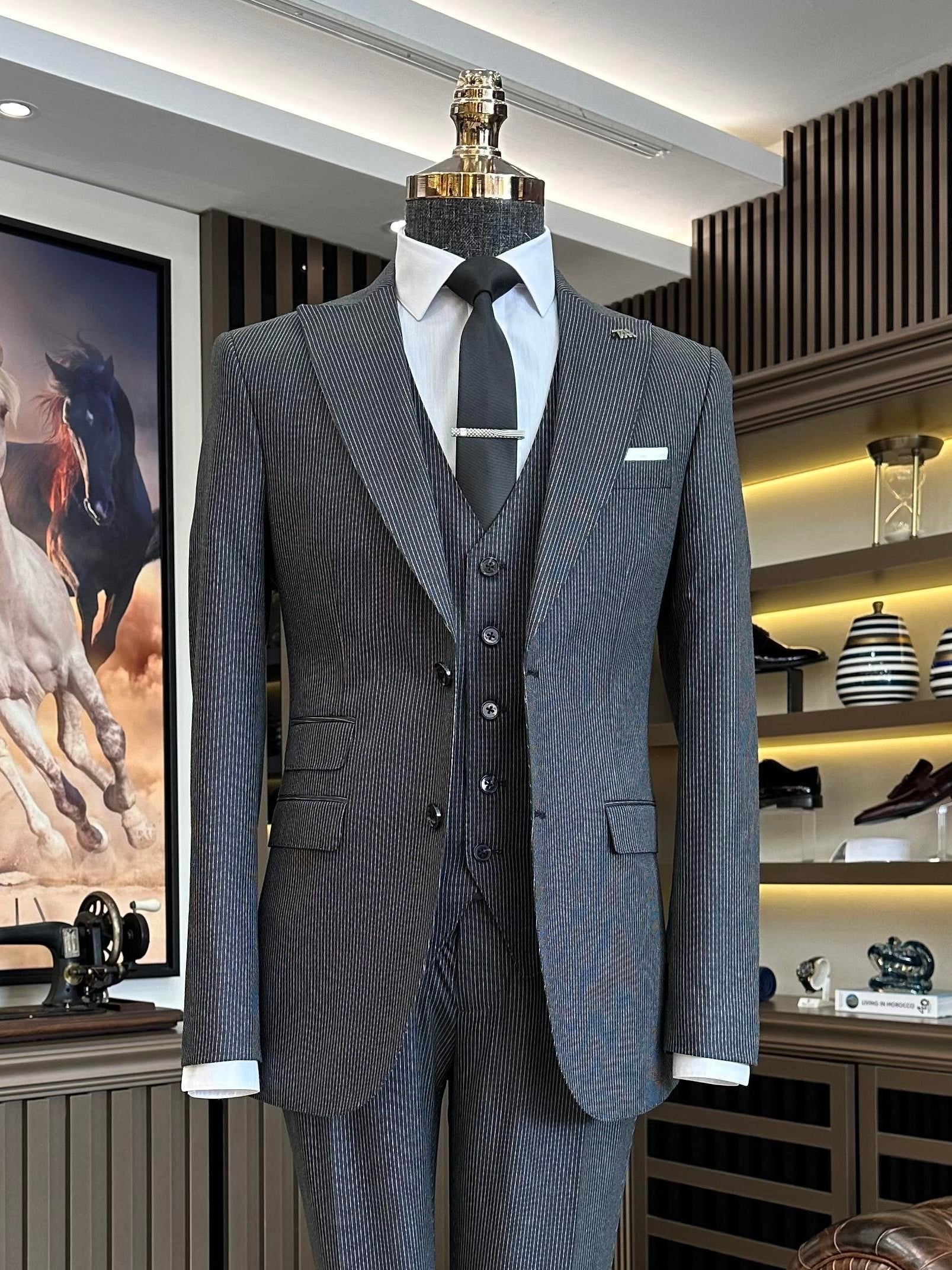 Grey Striped Slim-Fit Suit 3-Piece