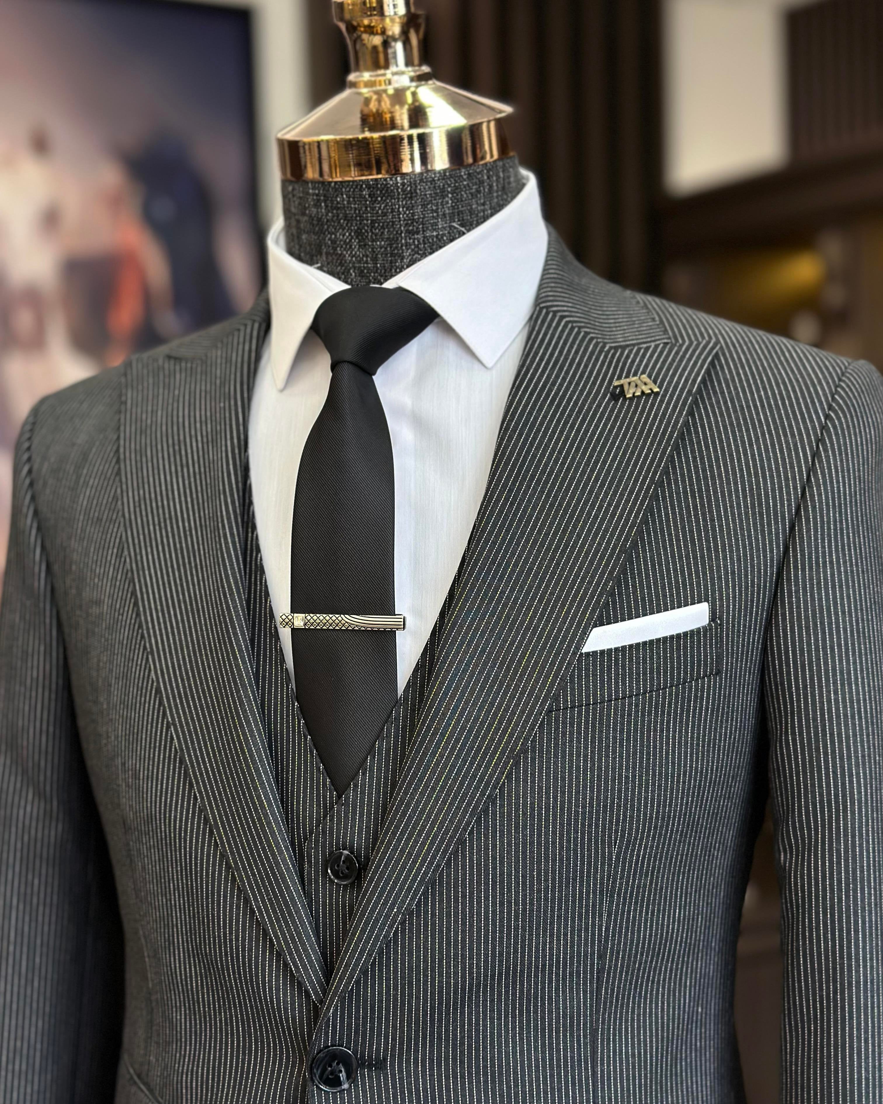 Grey Striped Slim-Fit Suit 3-Piece