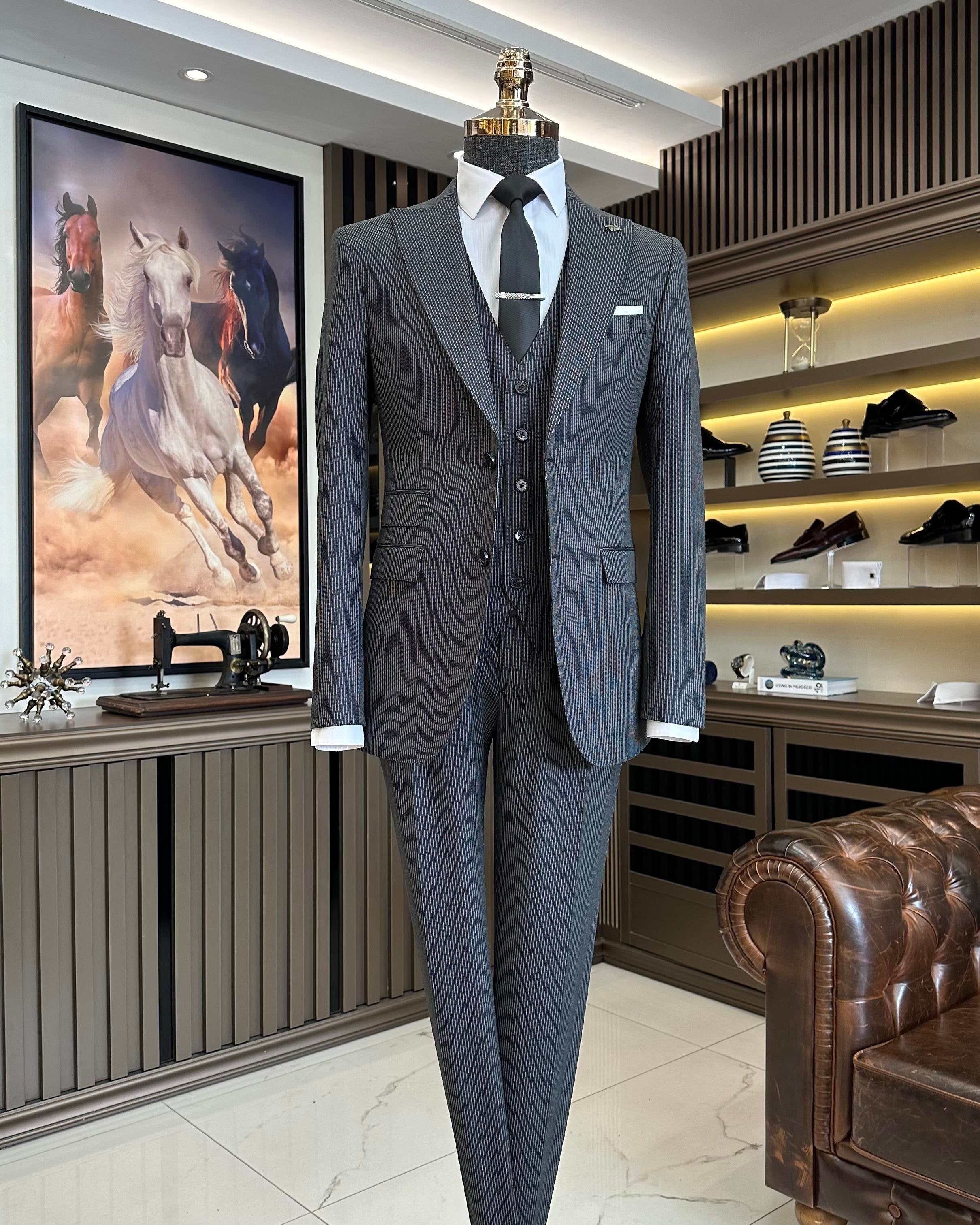 Grey Striped Slim-Fit Suit 3-Piece