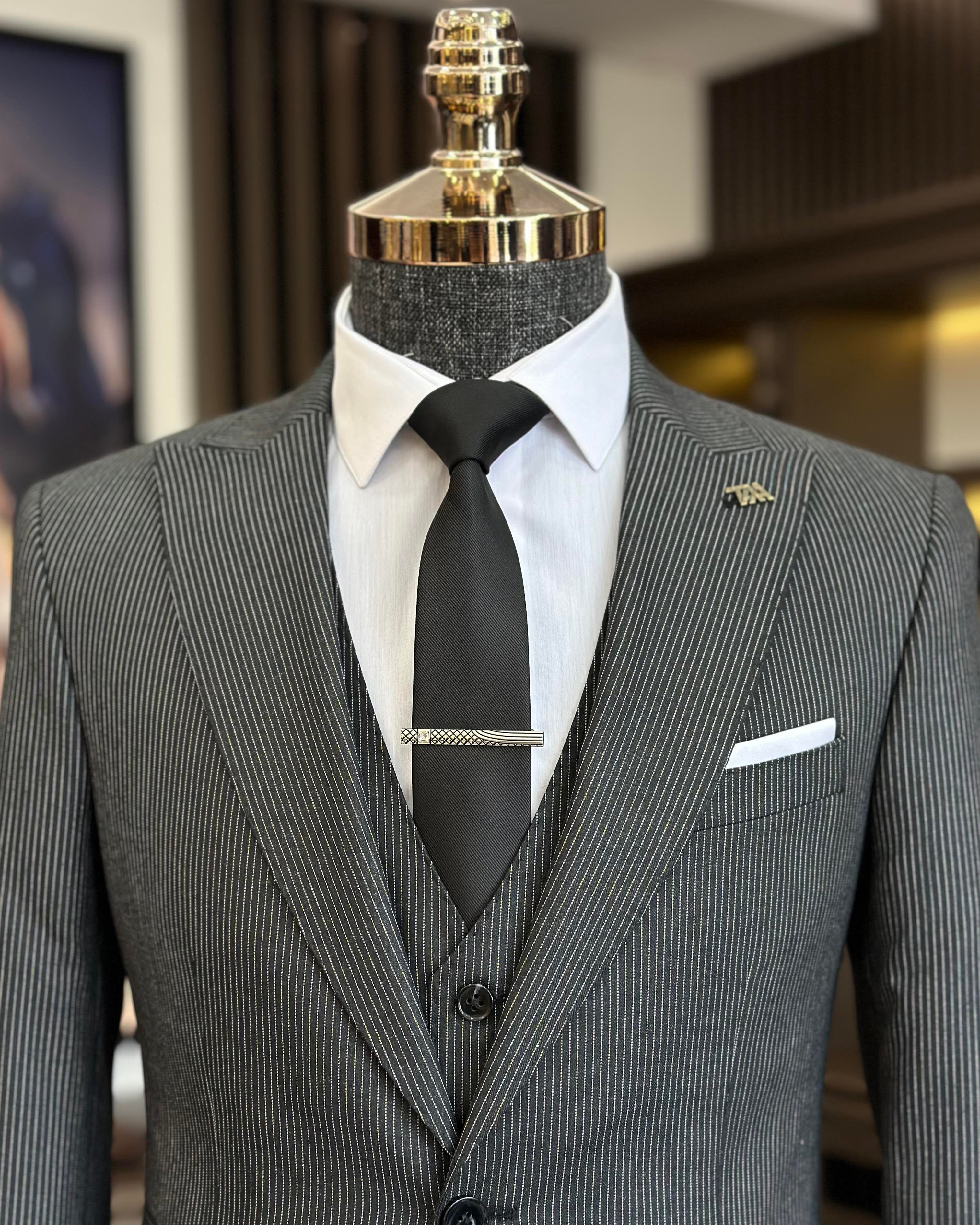 Grey Striped Slim-Fit Suit 3-Piece