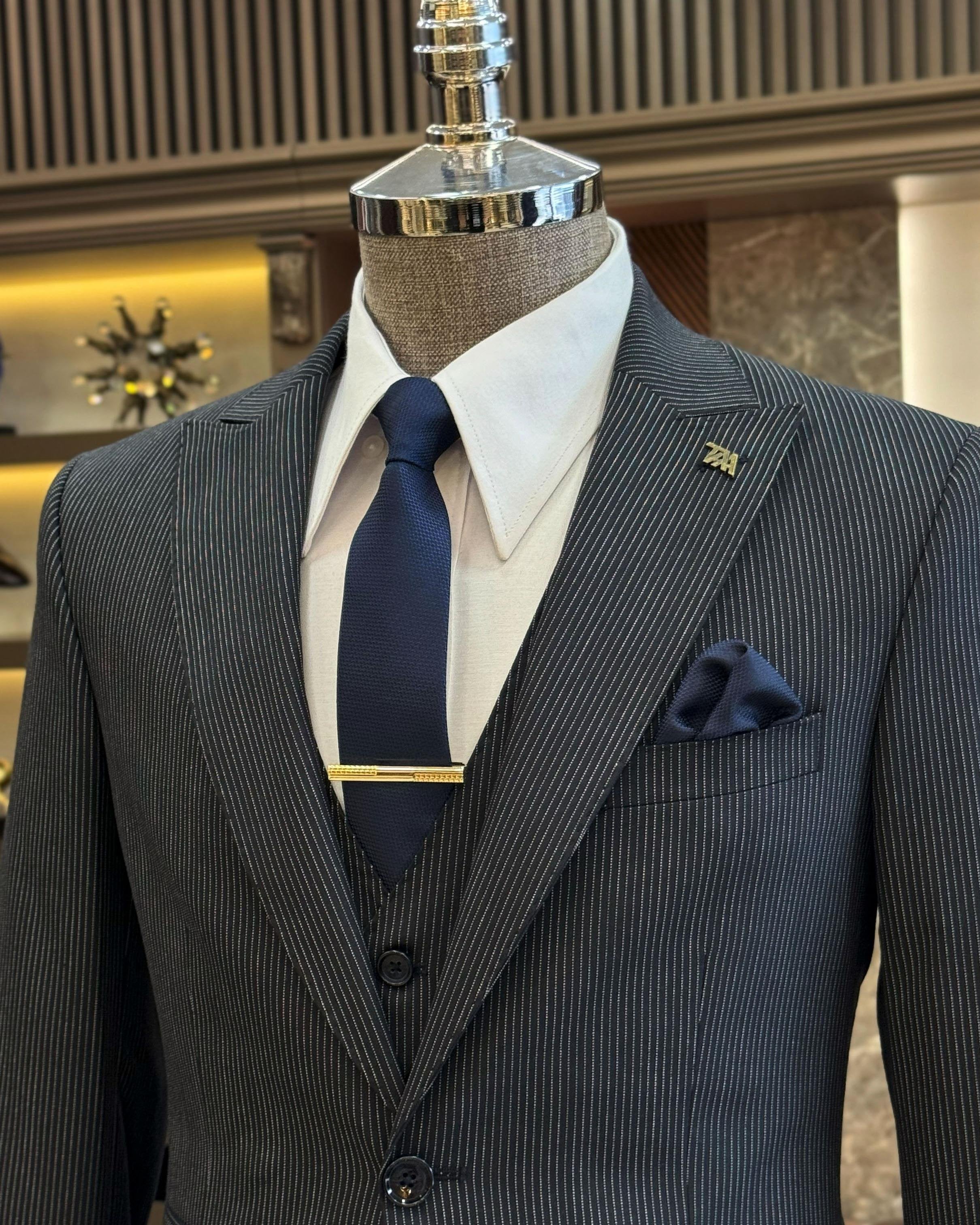 Navy Striped Slim-Fit Suit 3-Piece