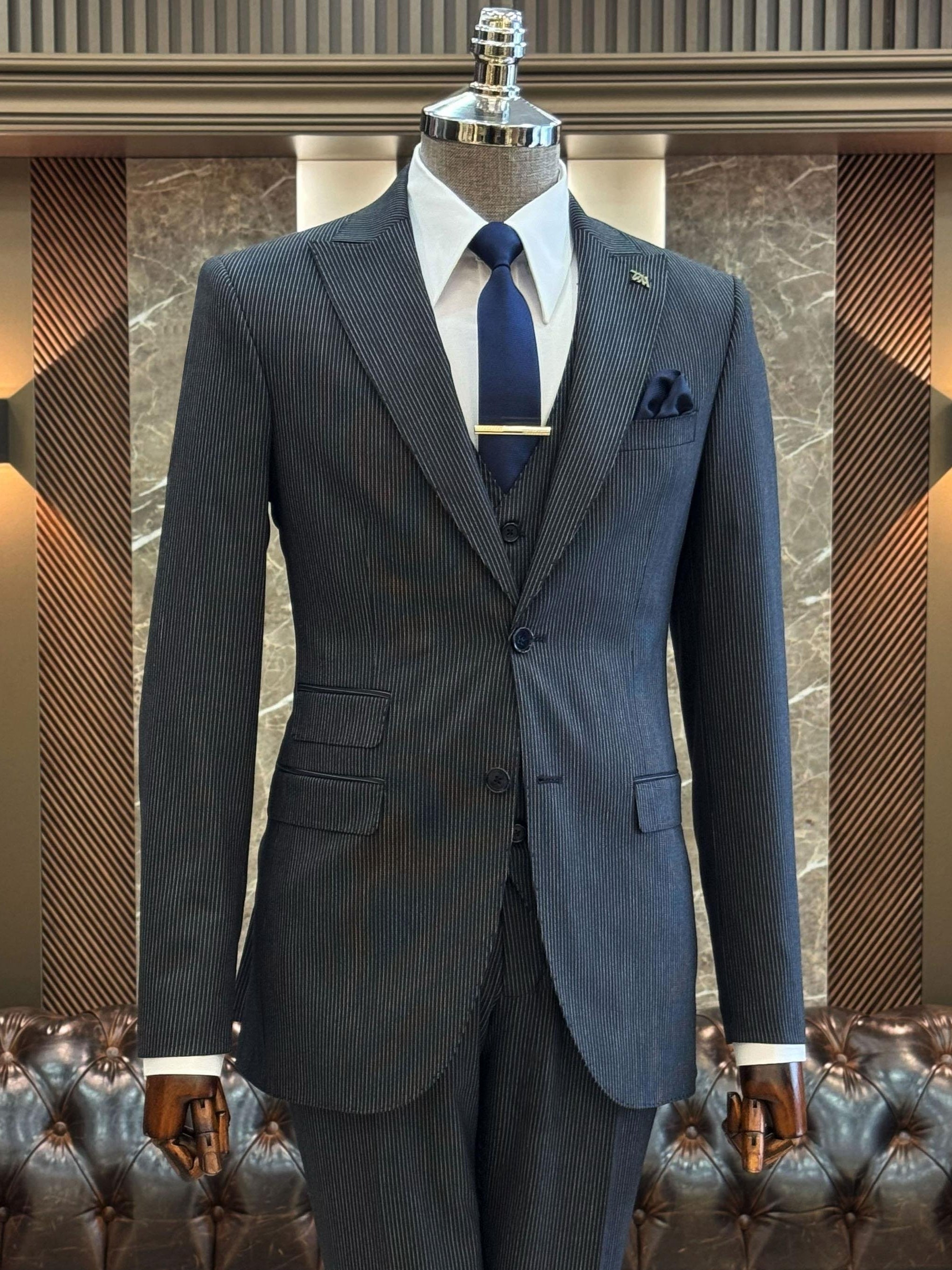 Navy Striped Slim-Fit Suit 3-Piece