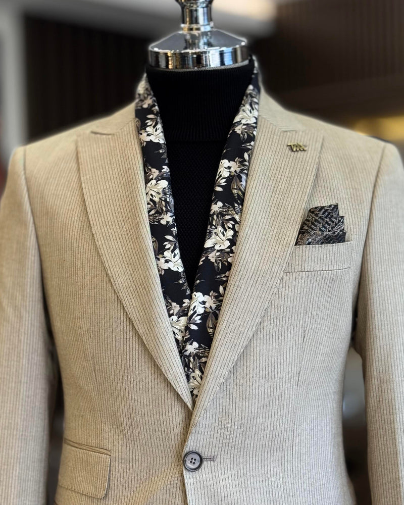 Beige Striped Slim-Fit Suit 3-Piece