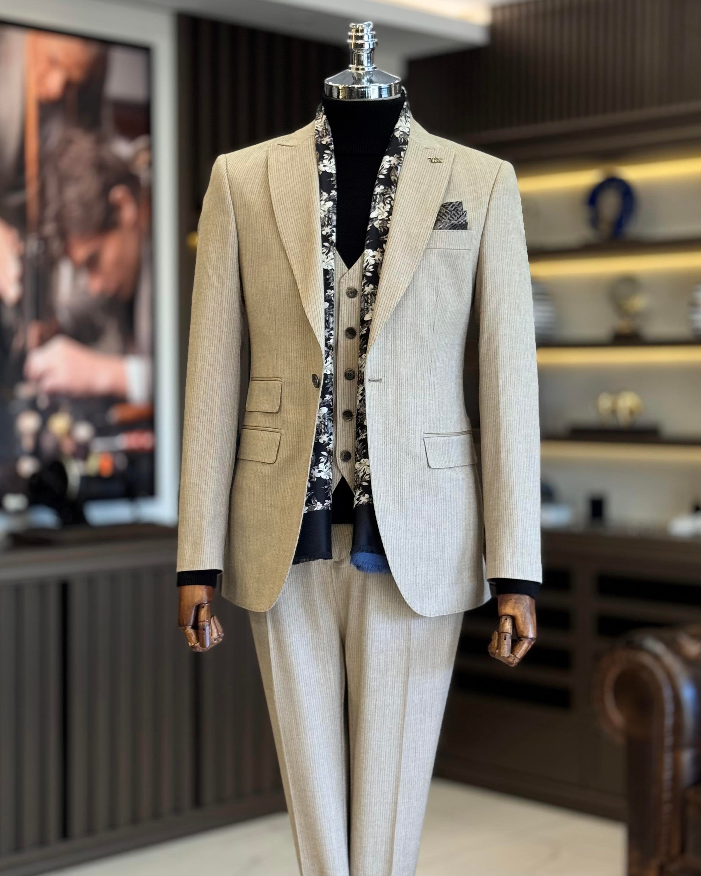 Beige Striped Slim-Fit Suit 3-Piece