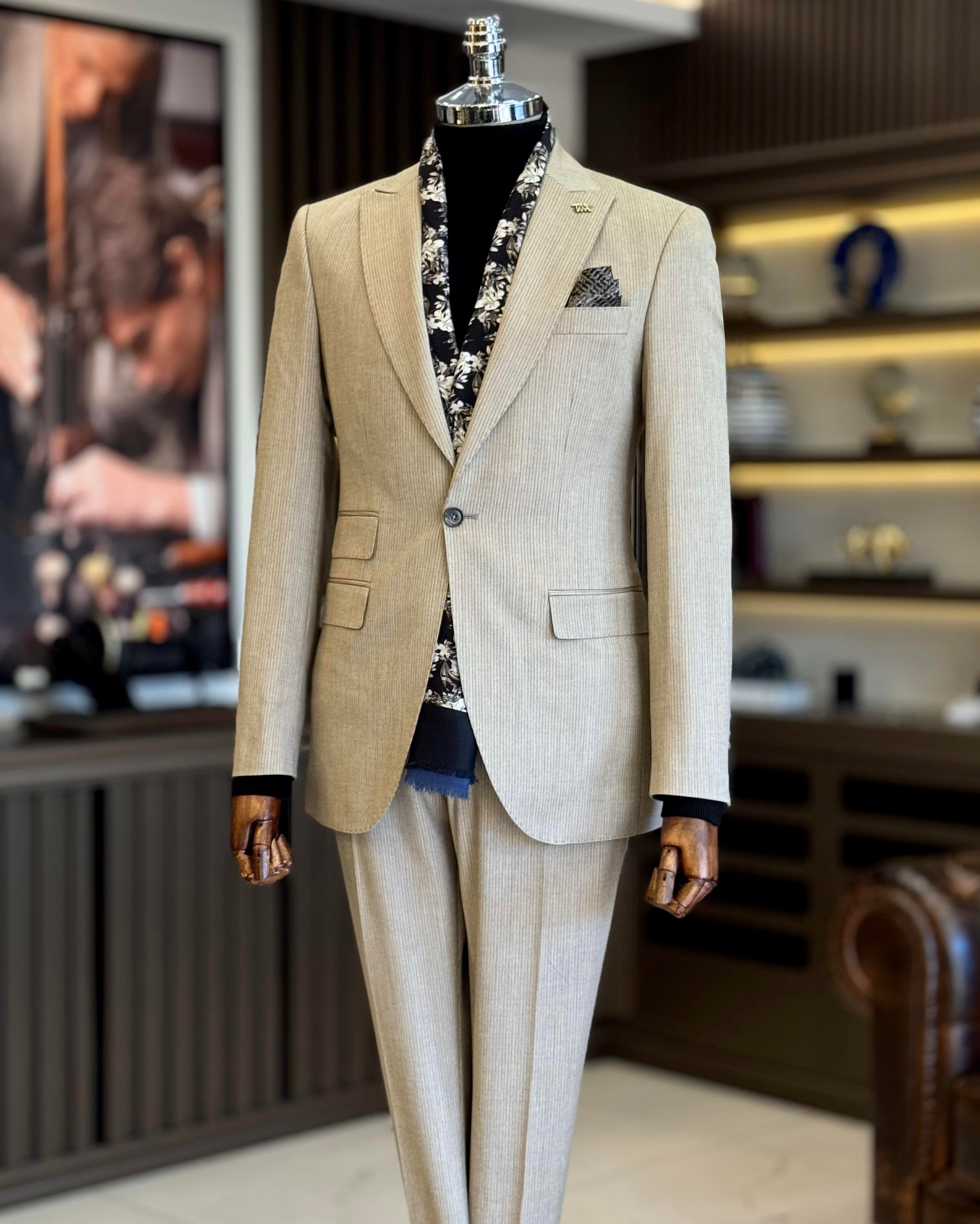 Beige Striped Slim-Fit Suit 3-Piece