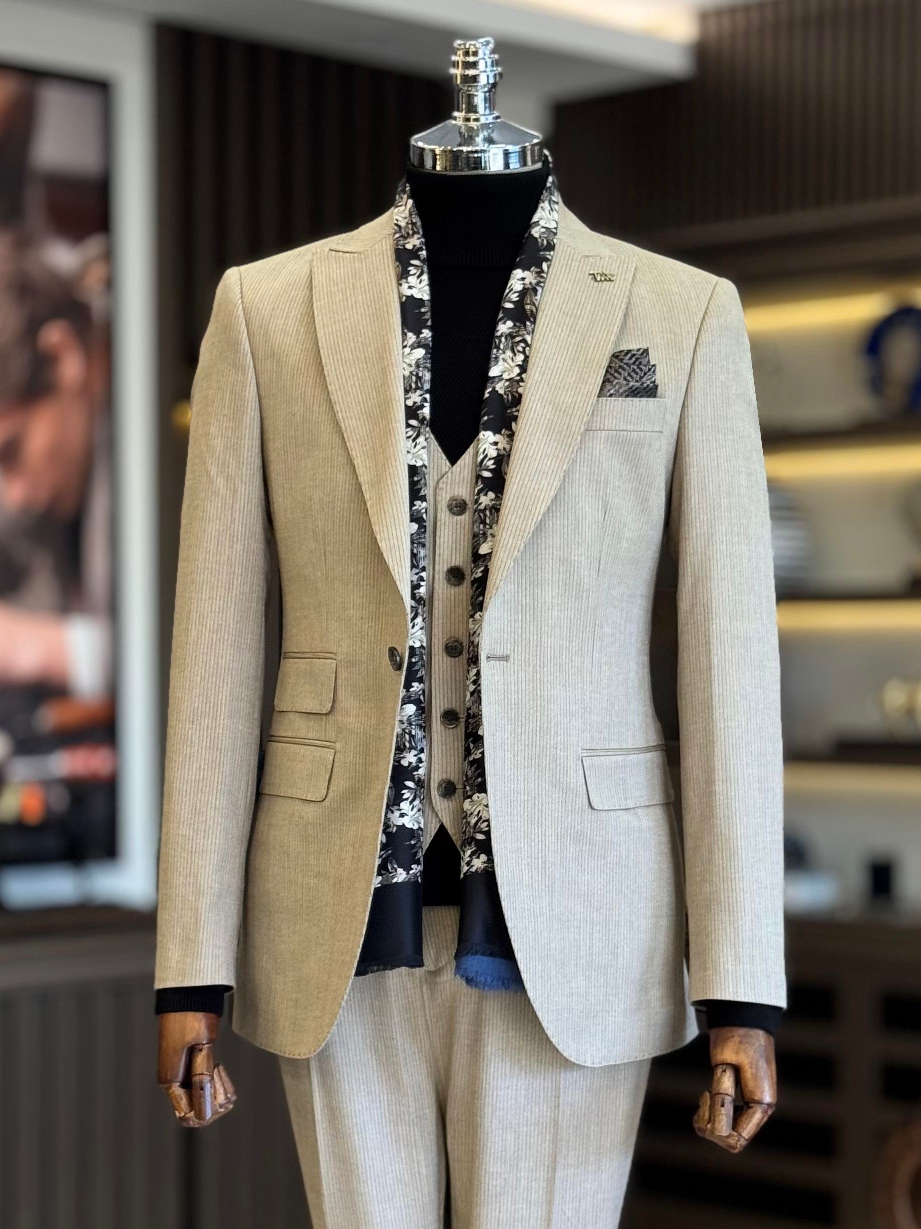 Beige Striped Slim-Fit Suit 3-Piece