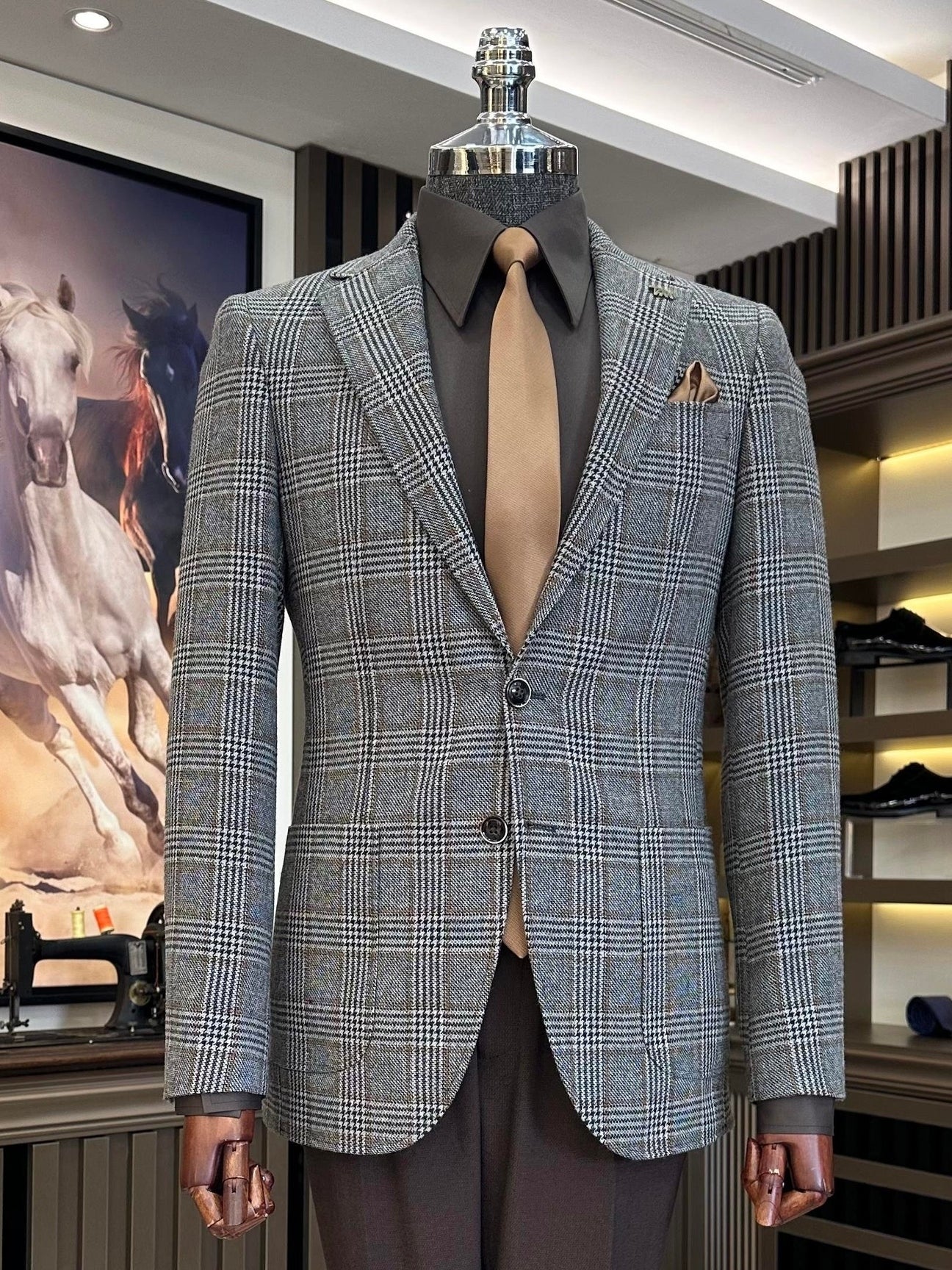 Grey Plaid Single Breasted Blazer