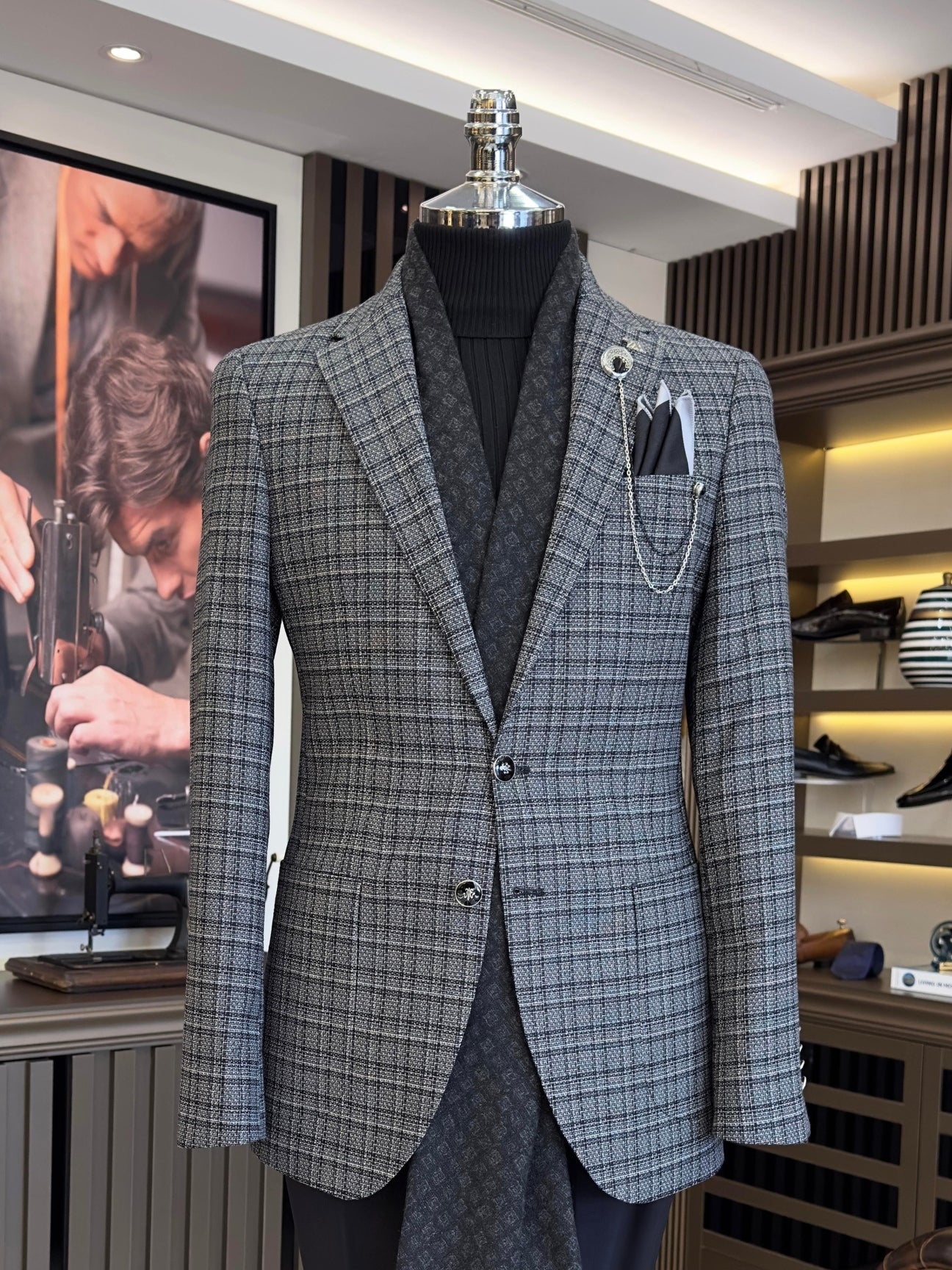 Grey Plaid Single Breasted Blazer