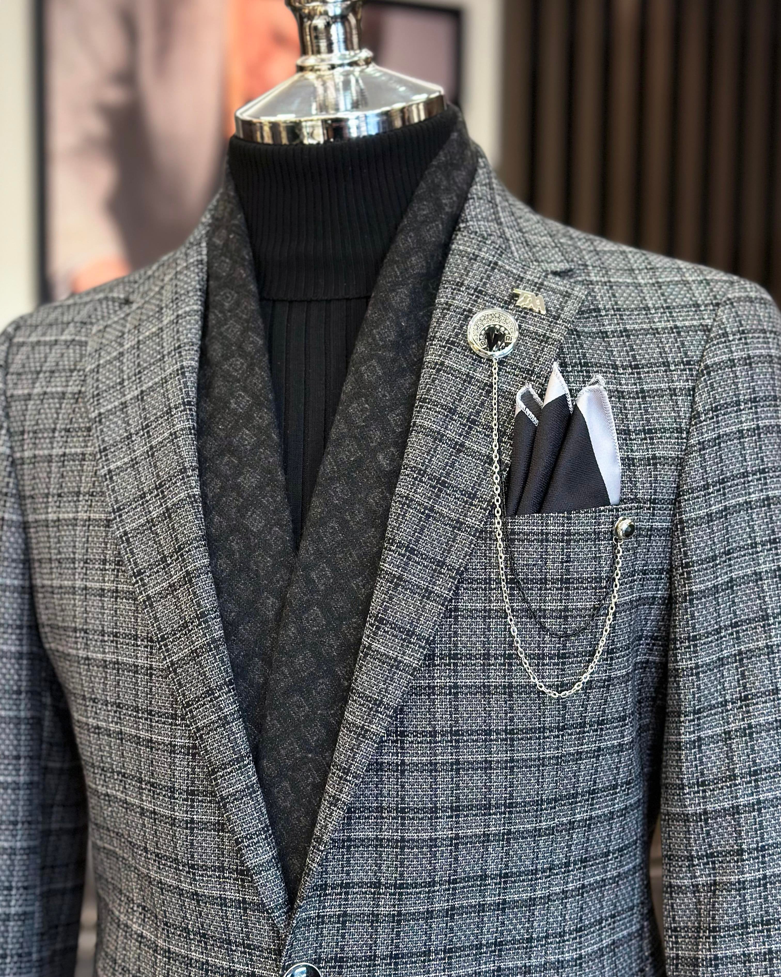 Grey Plaid Single Breasted Blazer