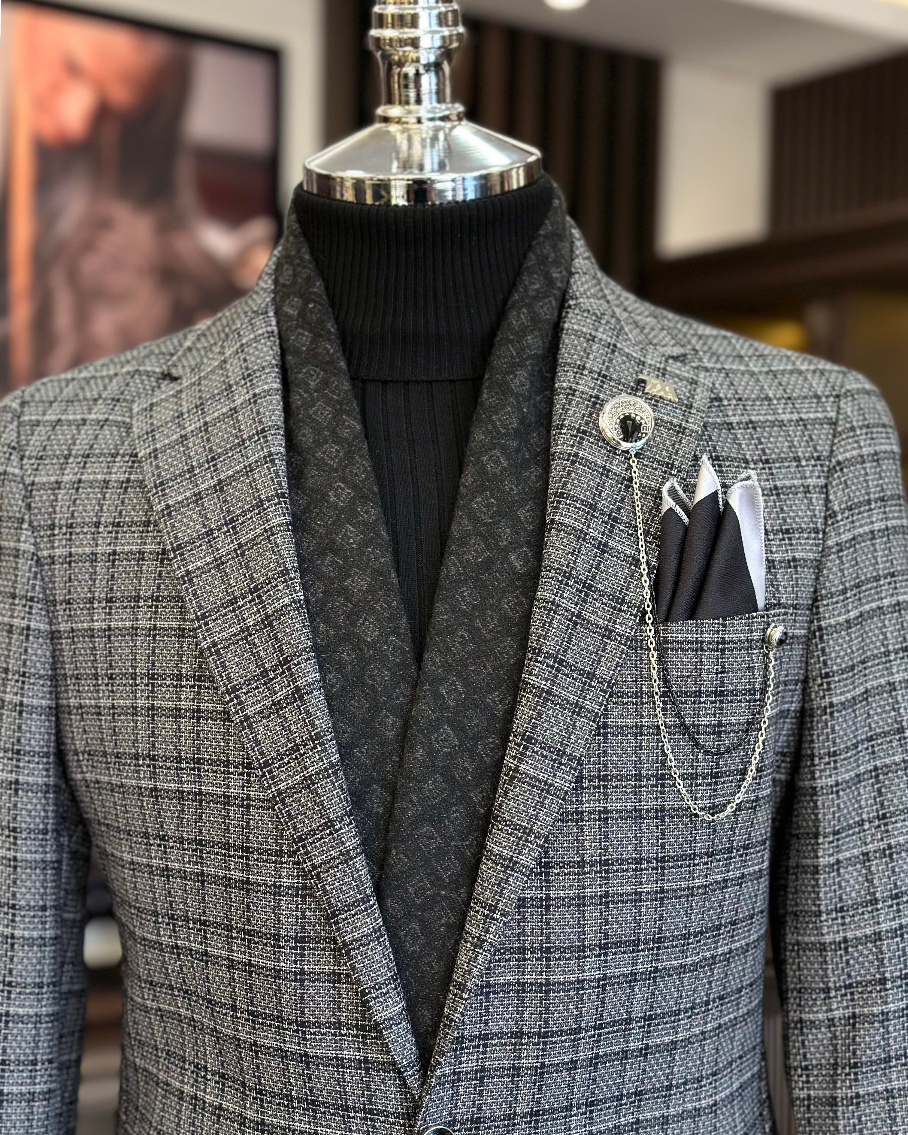 Grey Plaid Single Breasted Blazer