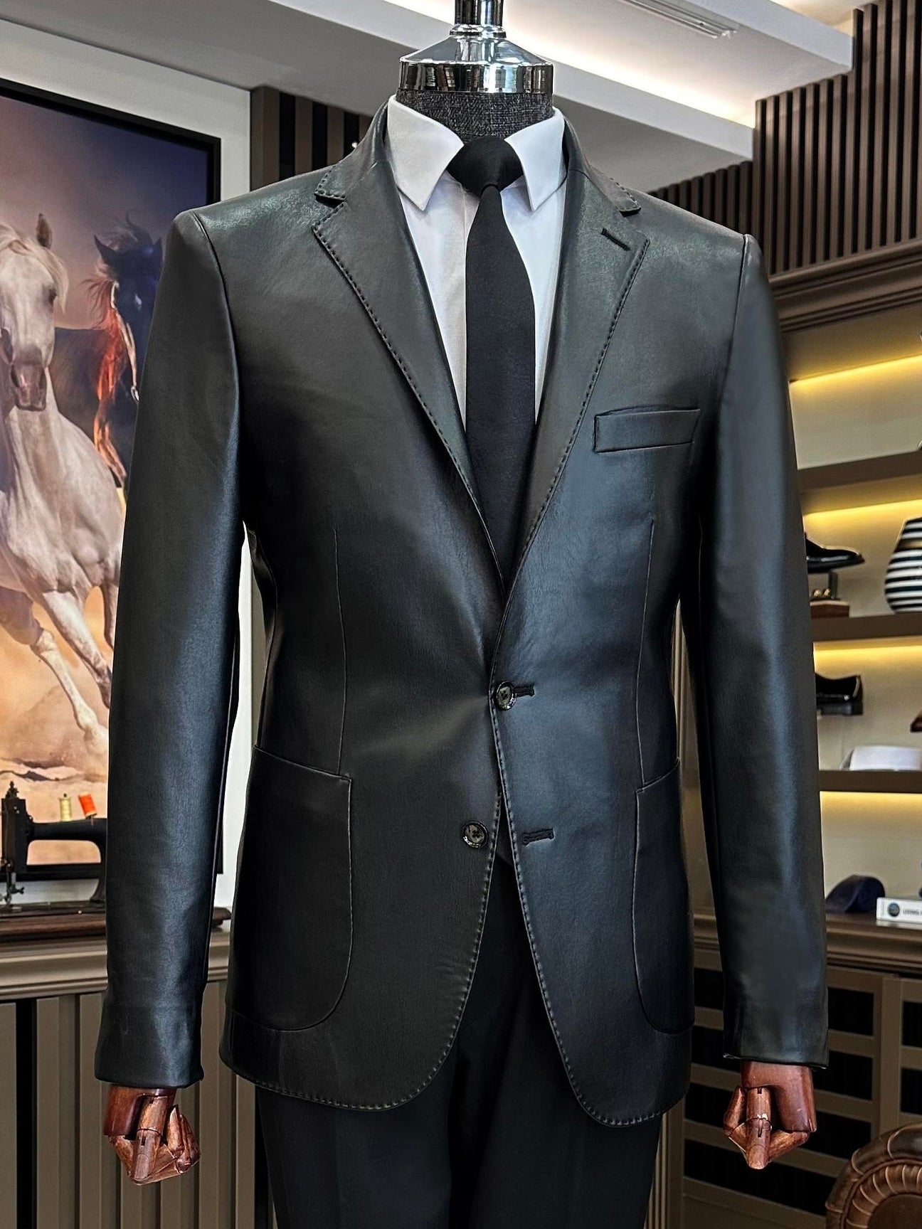 Black Eco-Leather Single Breasted Blazer