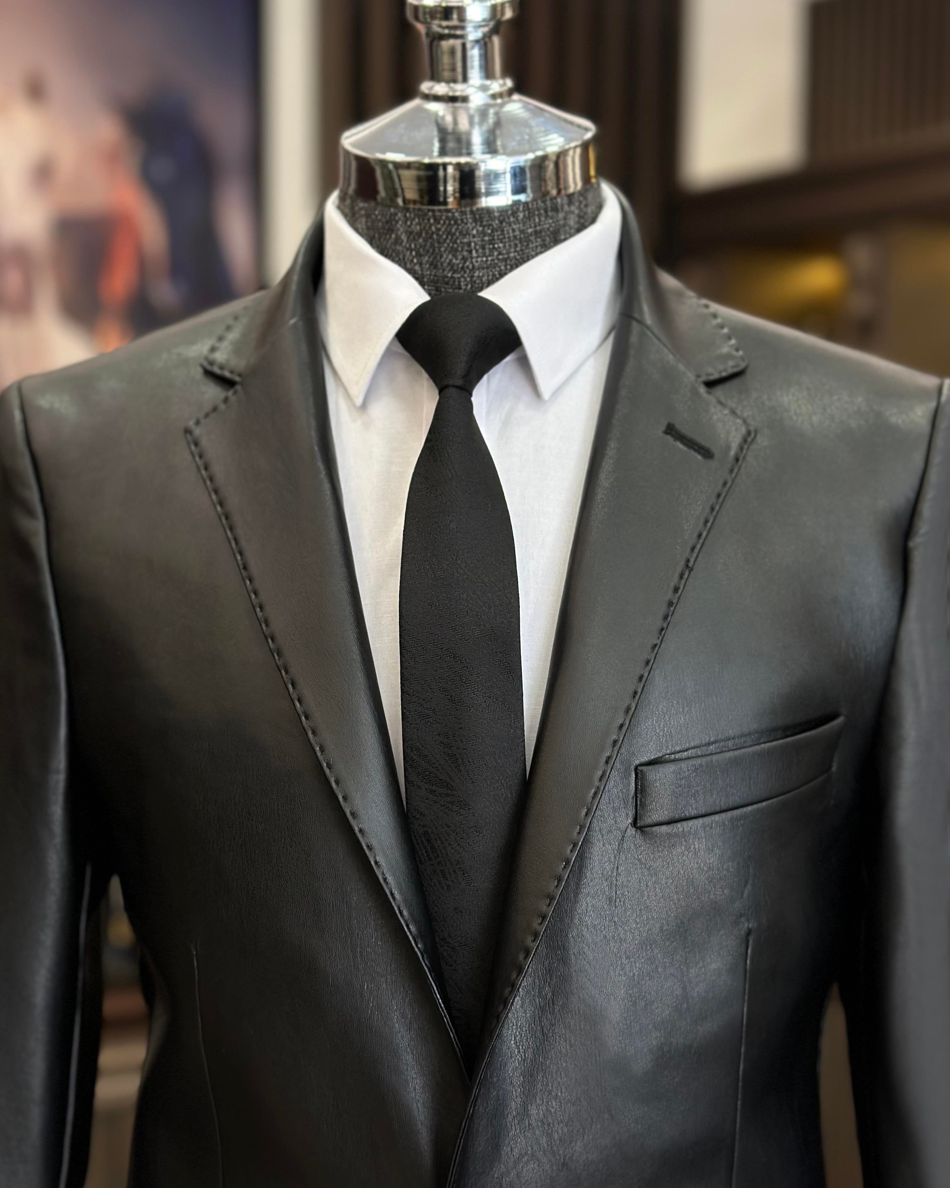 Black Eco-Leather Single Breasted Blazer