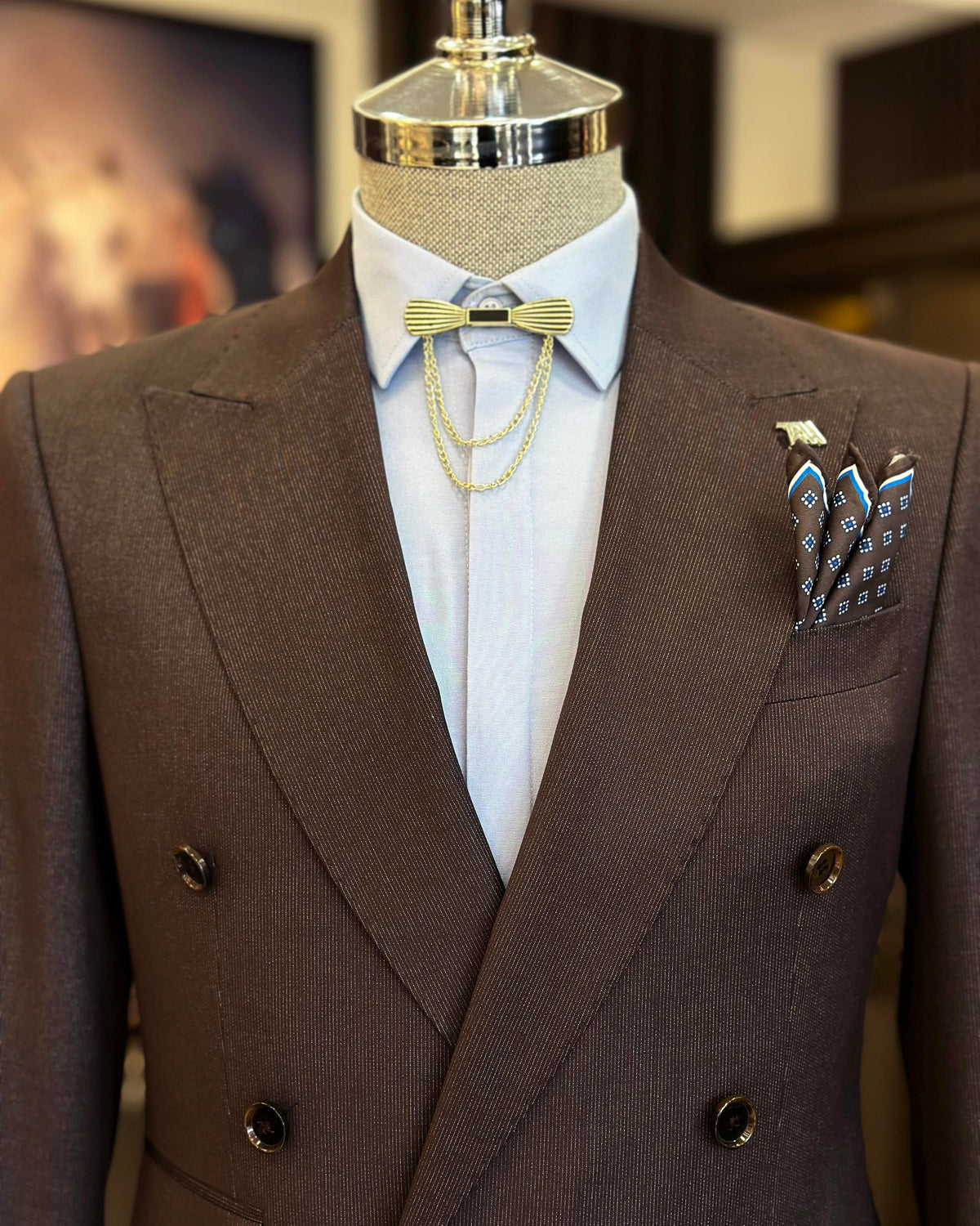 VIOSSI brown striped tuxedo double breasted suit 2-piece front view showing italian suit styles with peak lapels
