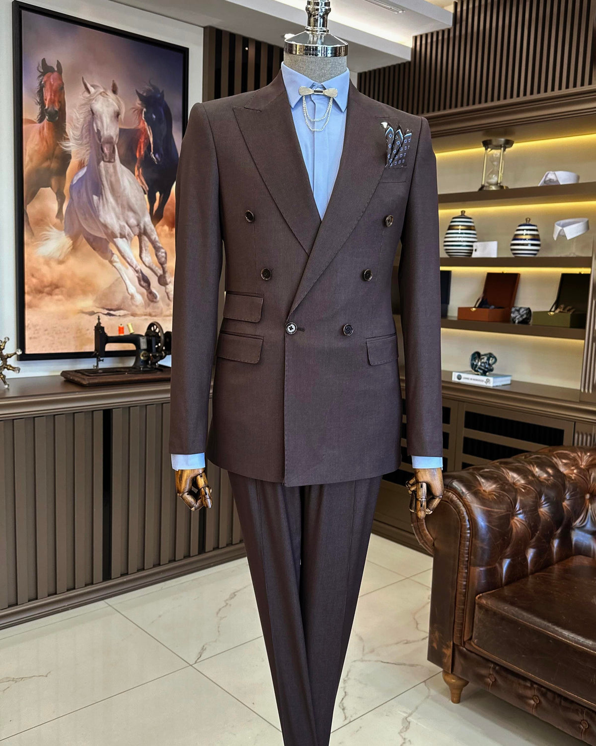 VIOSSI brown striped tuxedo double breasted suit 2-piece front view showing italian suit styles with peak lapels
