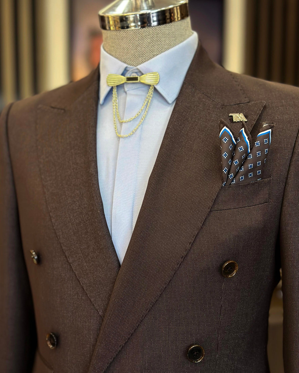 VIOSSI brown striped tuxedo double breasted suit 2-piece set shown from front view with classic italian suit styles cut