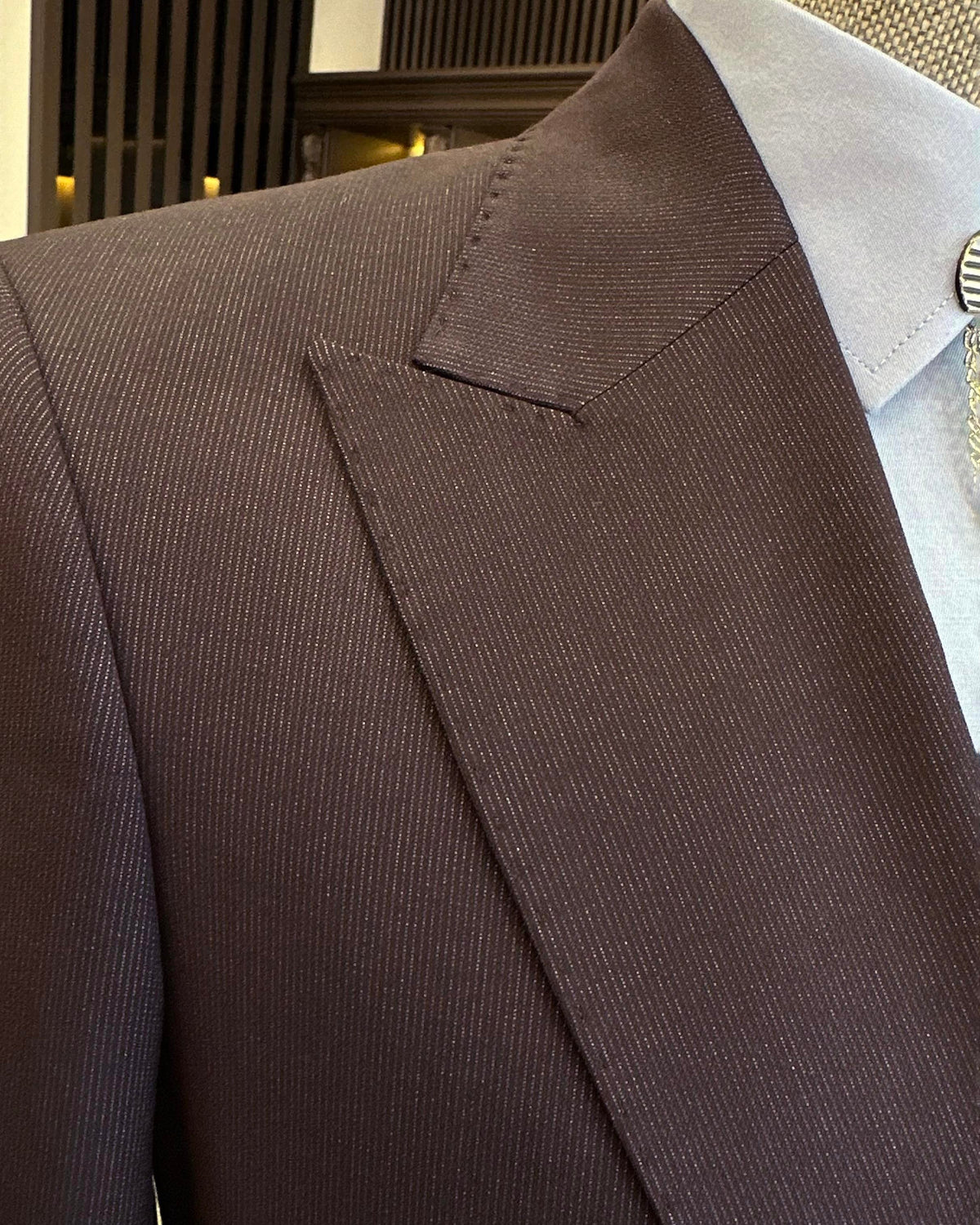 VIOSSI brown striped tuxedo double breasted suit 2-piece front view - italian suit styles menswear formal wear