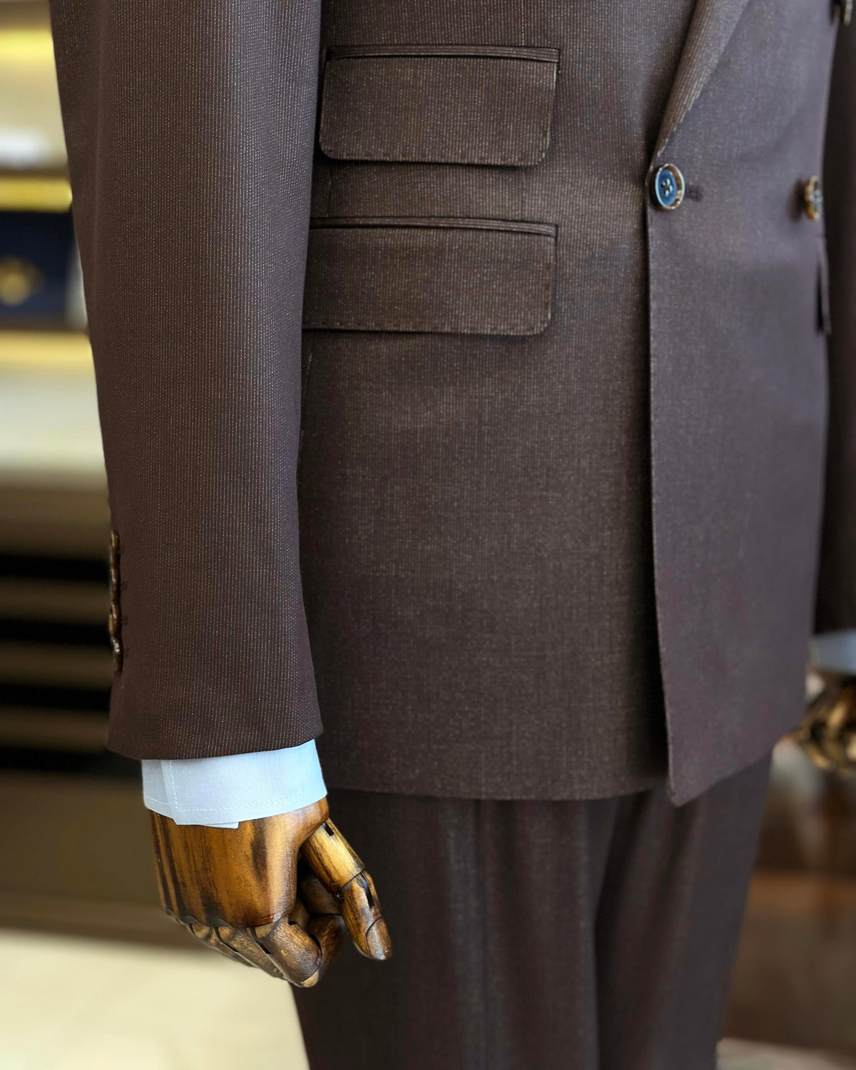 VIOSSI brown striped tuxedo double breasted suit 2-piece set shown from front view with peaked lapels and tailored fit