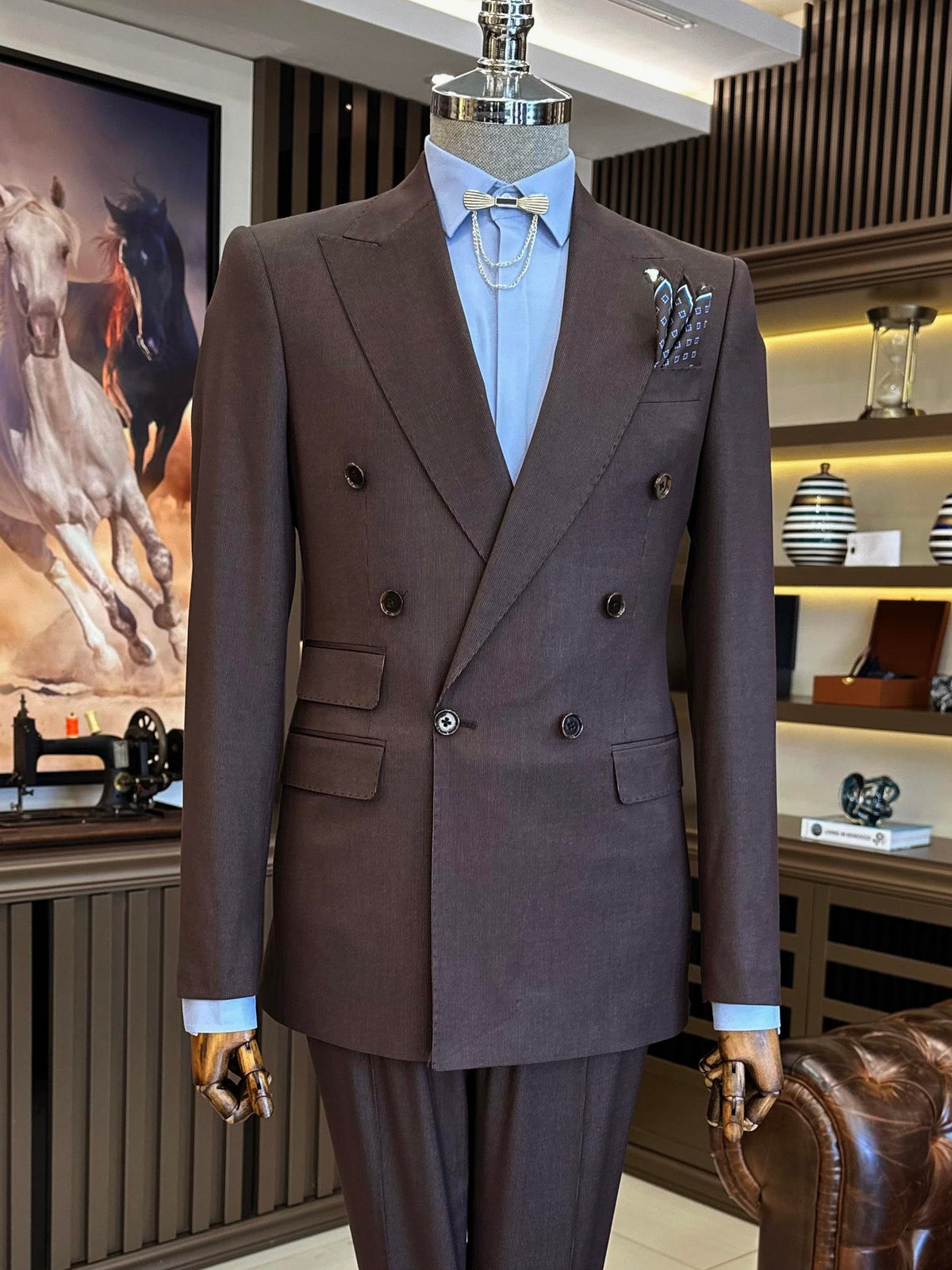 VIOSSI brown striped tuxedo double breasted suit 2-piece front view with peaked lapels and matching trousers