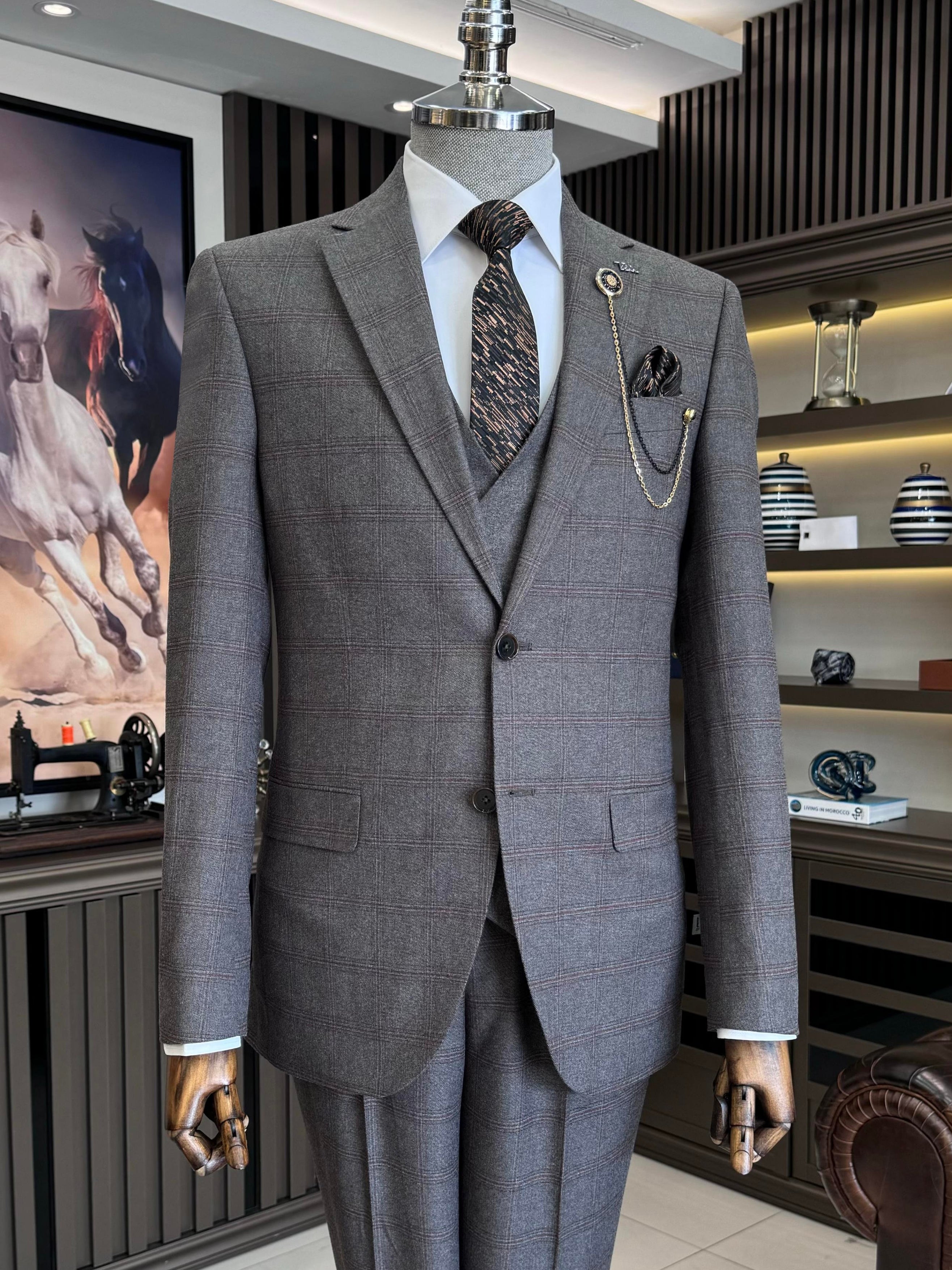 Grey Plaid Slim-Fit Suit 3-Piece