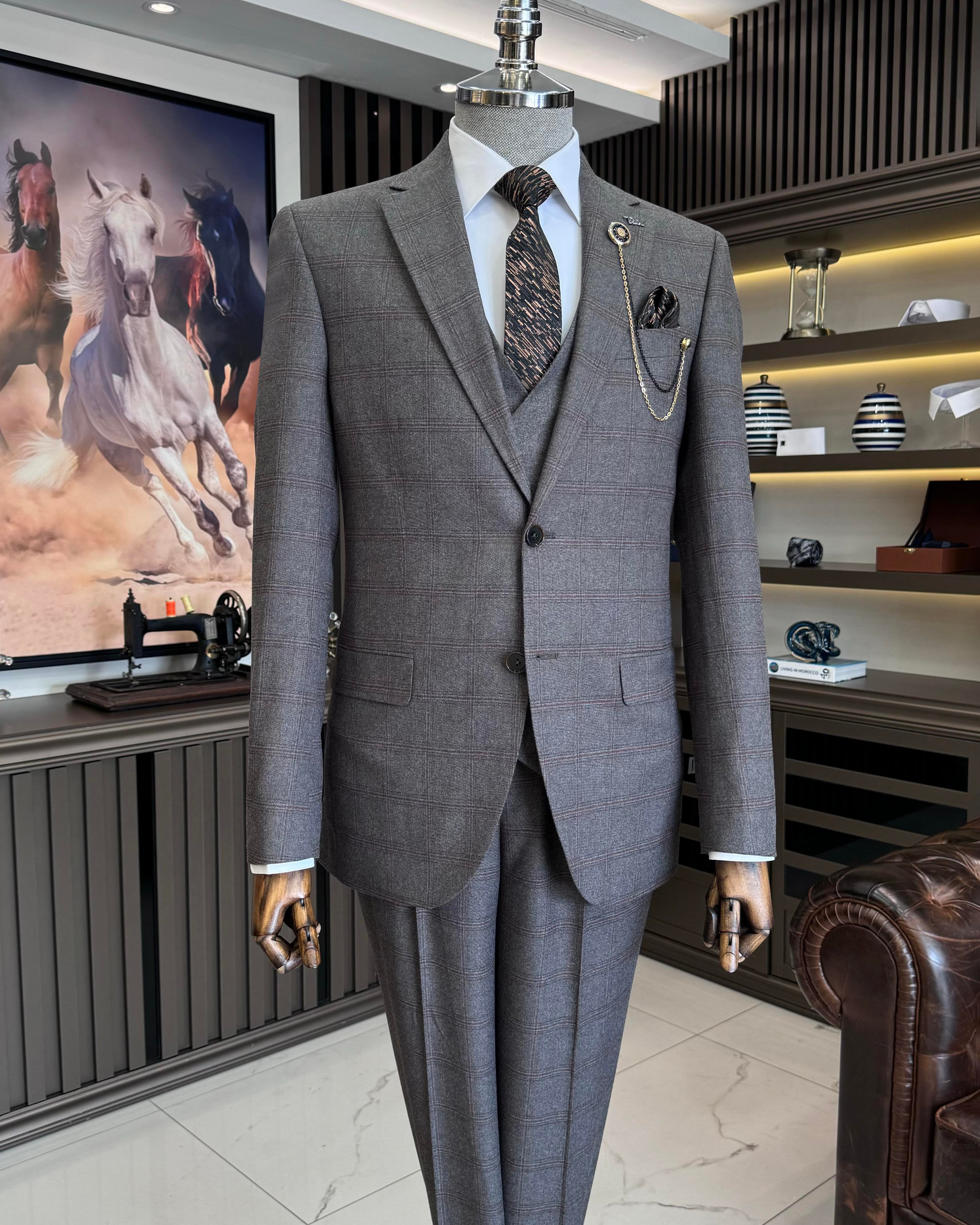 Grey Plaid Slim-Fit Suit 3-Piece