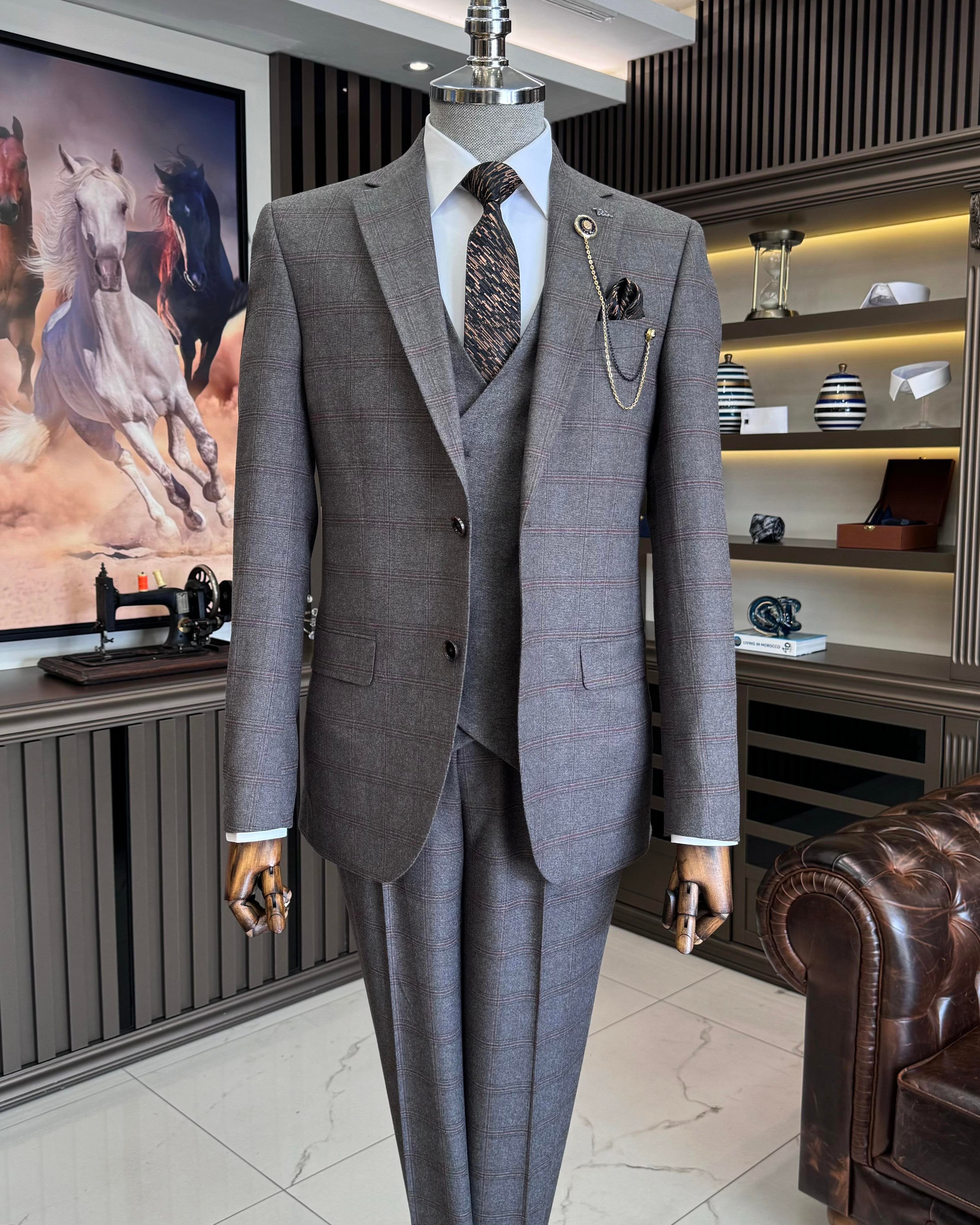 Grey Plaid Slim-Fit Suit 3-Piece