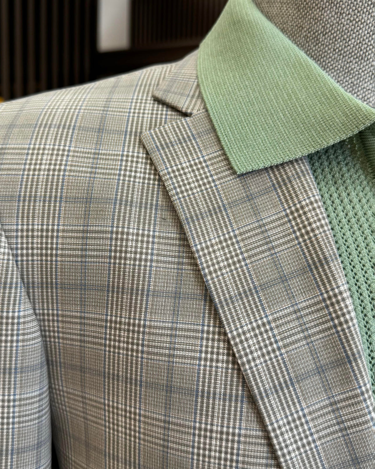 VIOSSI camel plaid single breasted blazer front view - men double breasted blazer style menswear jacket