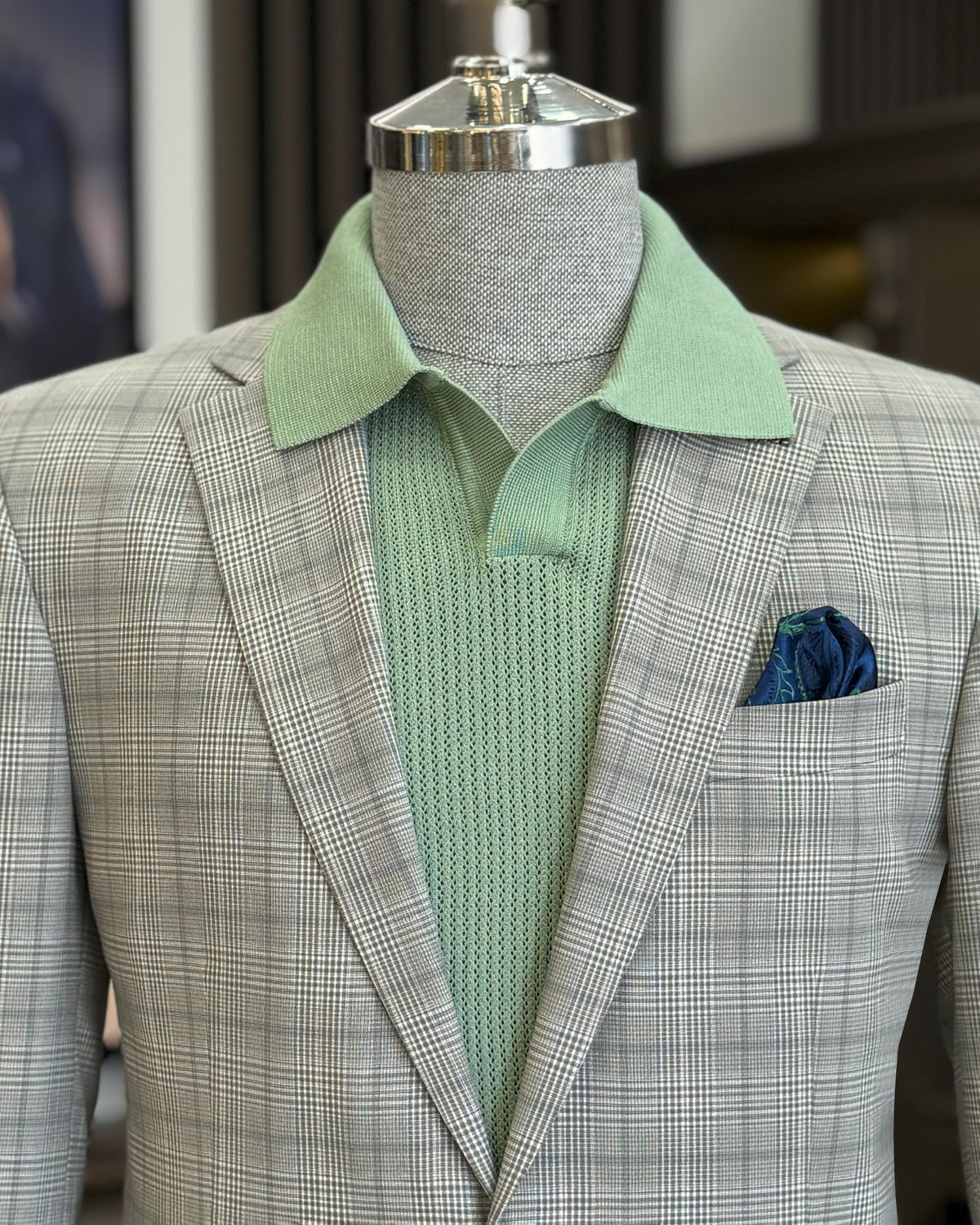 VIOSSI camel plaid single breasted blazer front view - men double breasted blazer style menswear jacket