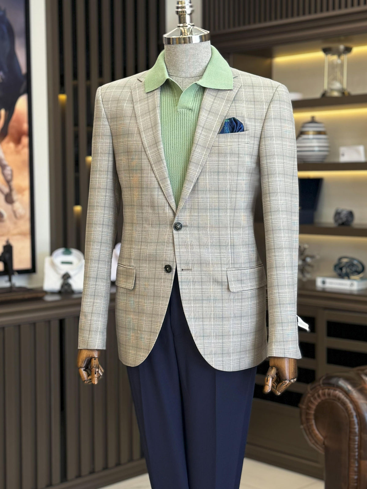 VIOSSI camel plaid single breasted blazer front view - men double breasted blazer style in tan checkered pattern