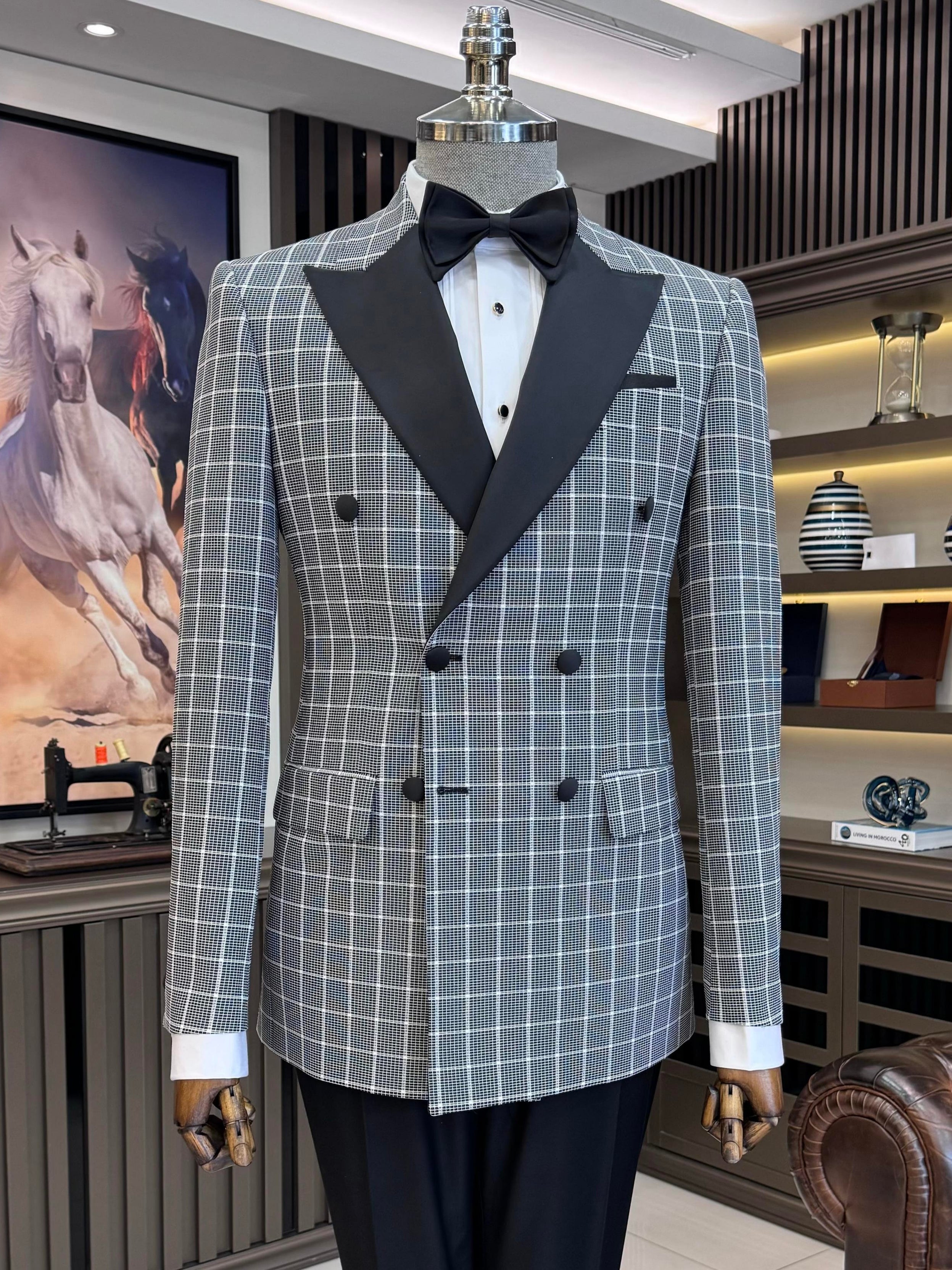 Grey Plaid Double Breasted Tuxedo 2-Piece