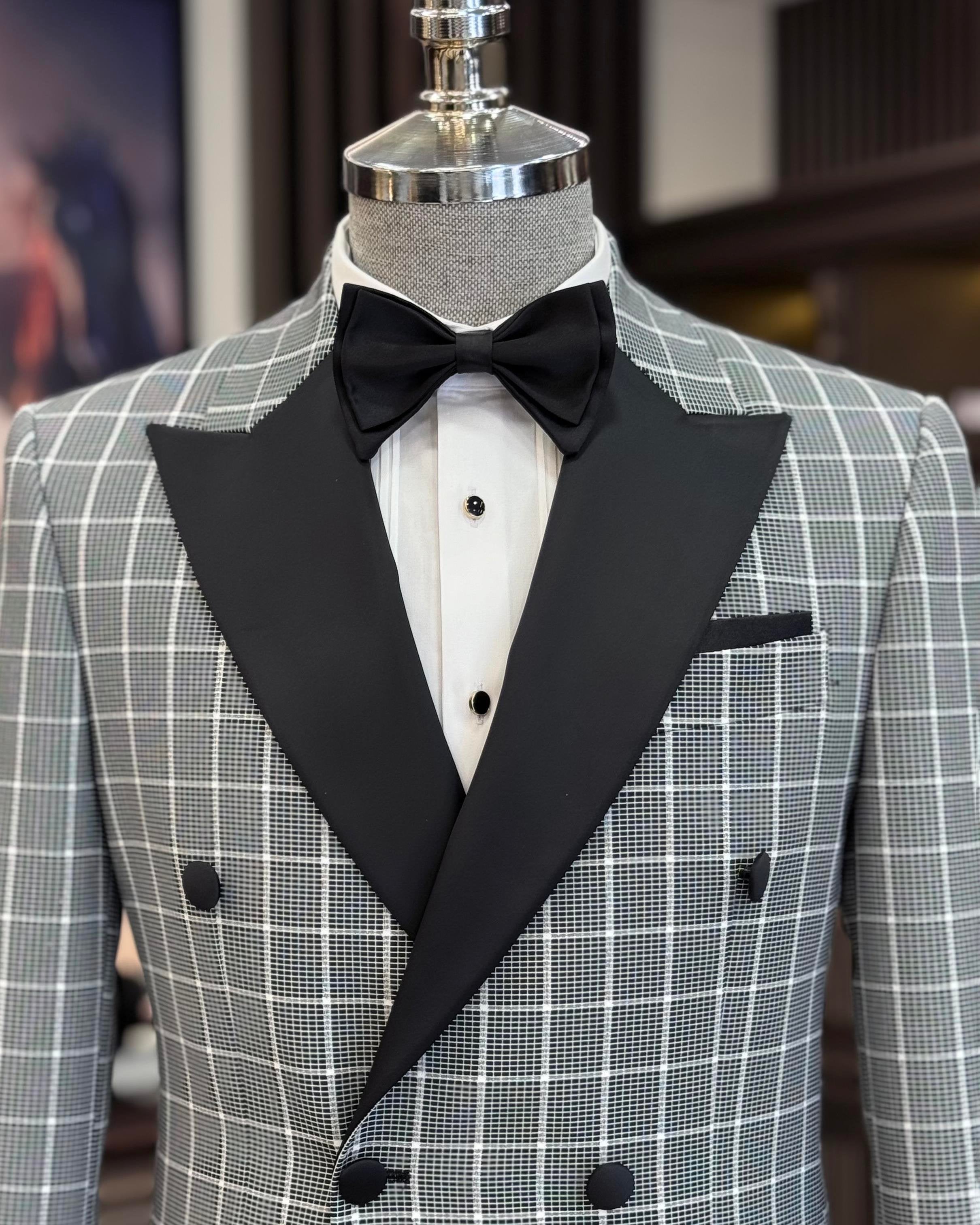 Grey Plaid Double Breasted Tuxedo 2-Piece