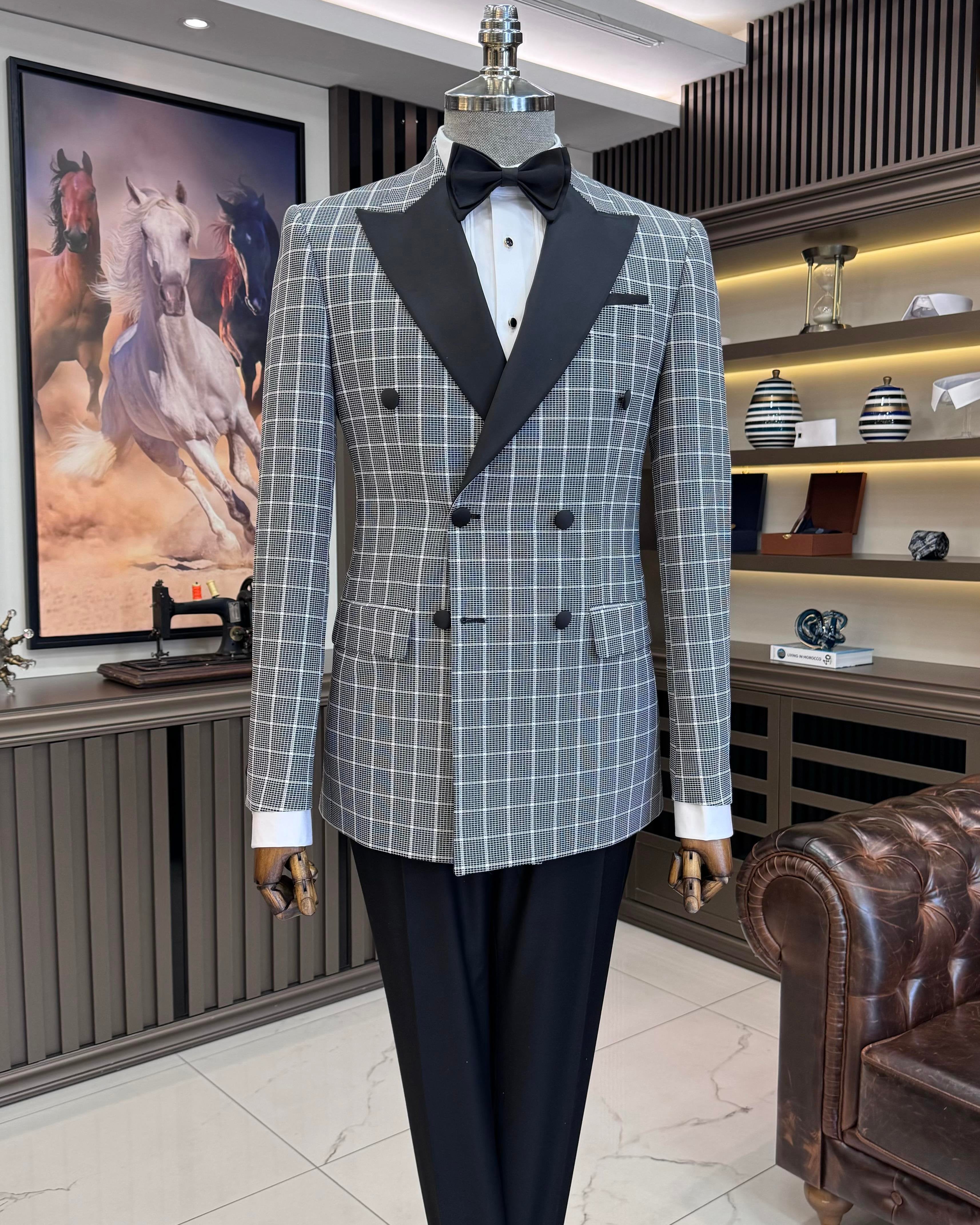 Grey Plaid Double Breasted Tuxedo 2-Piece