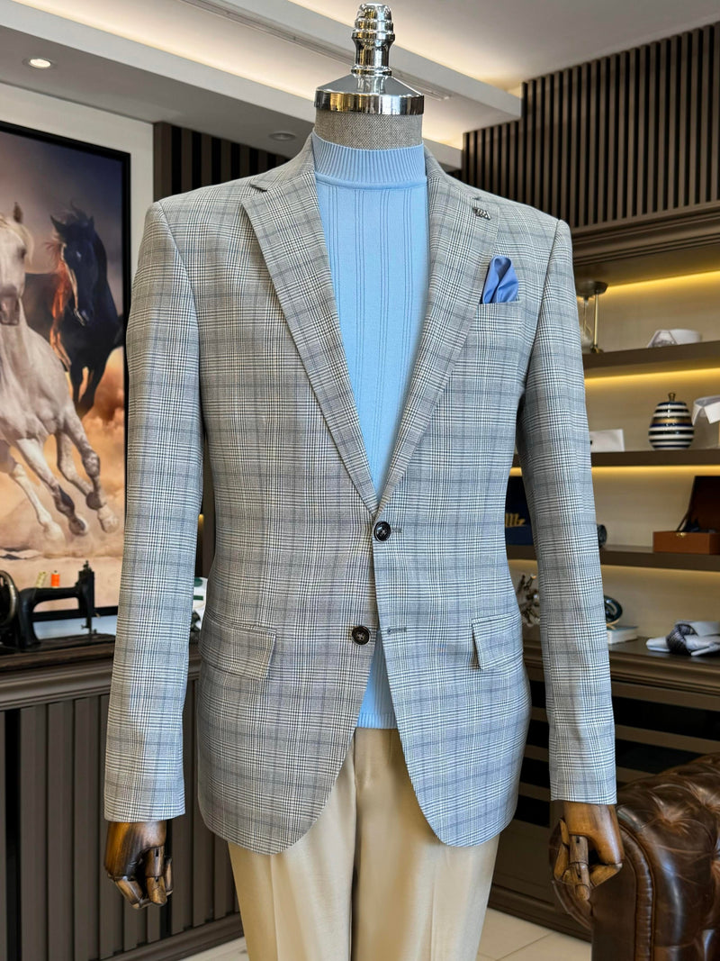 Grey Plaid Single Breasted Blazer