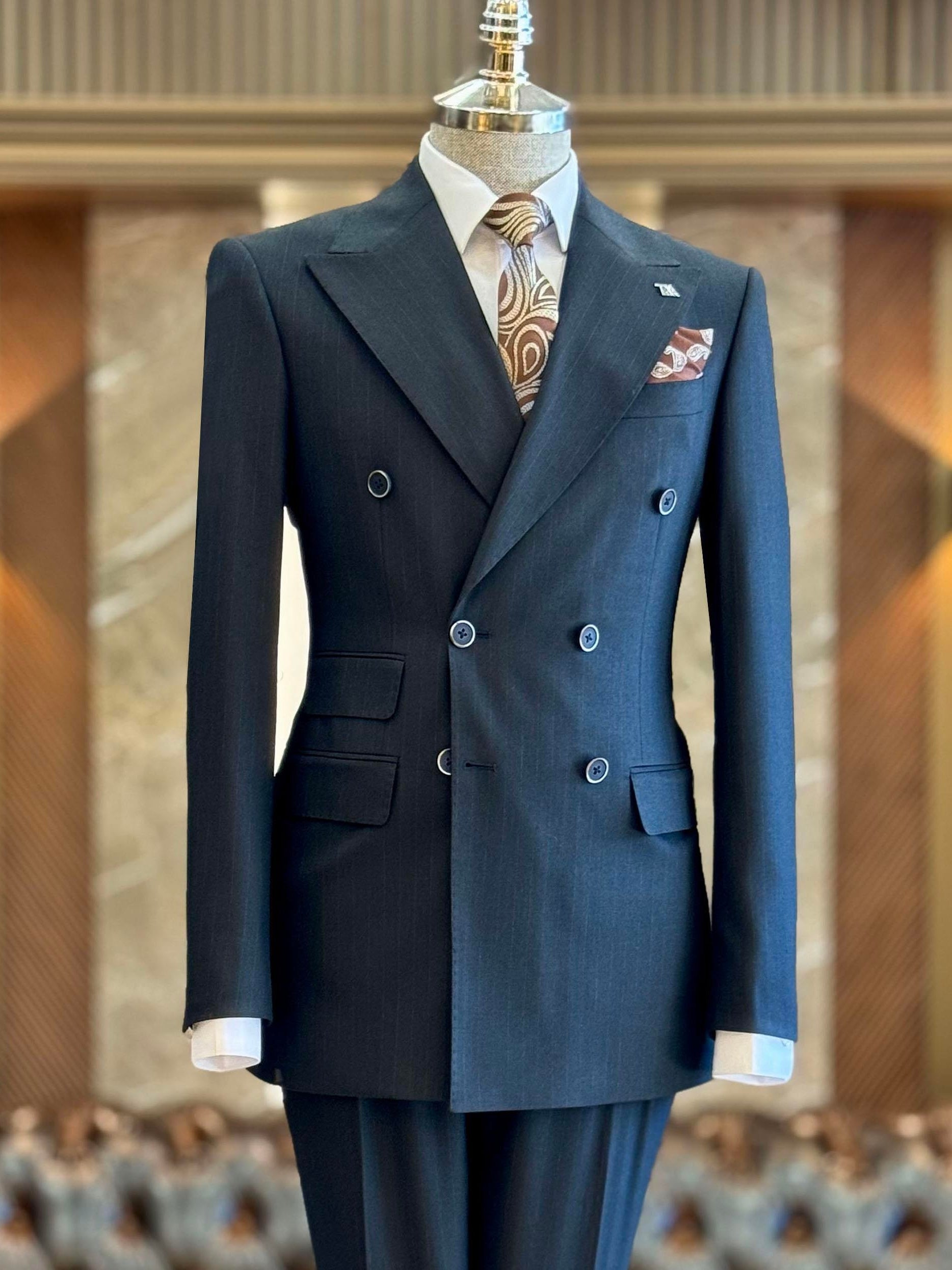 Navy Striped Double Breasted Suit 2-Piece