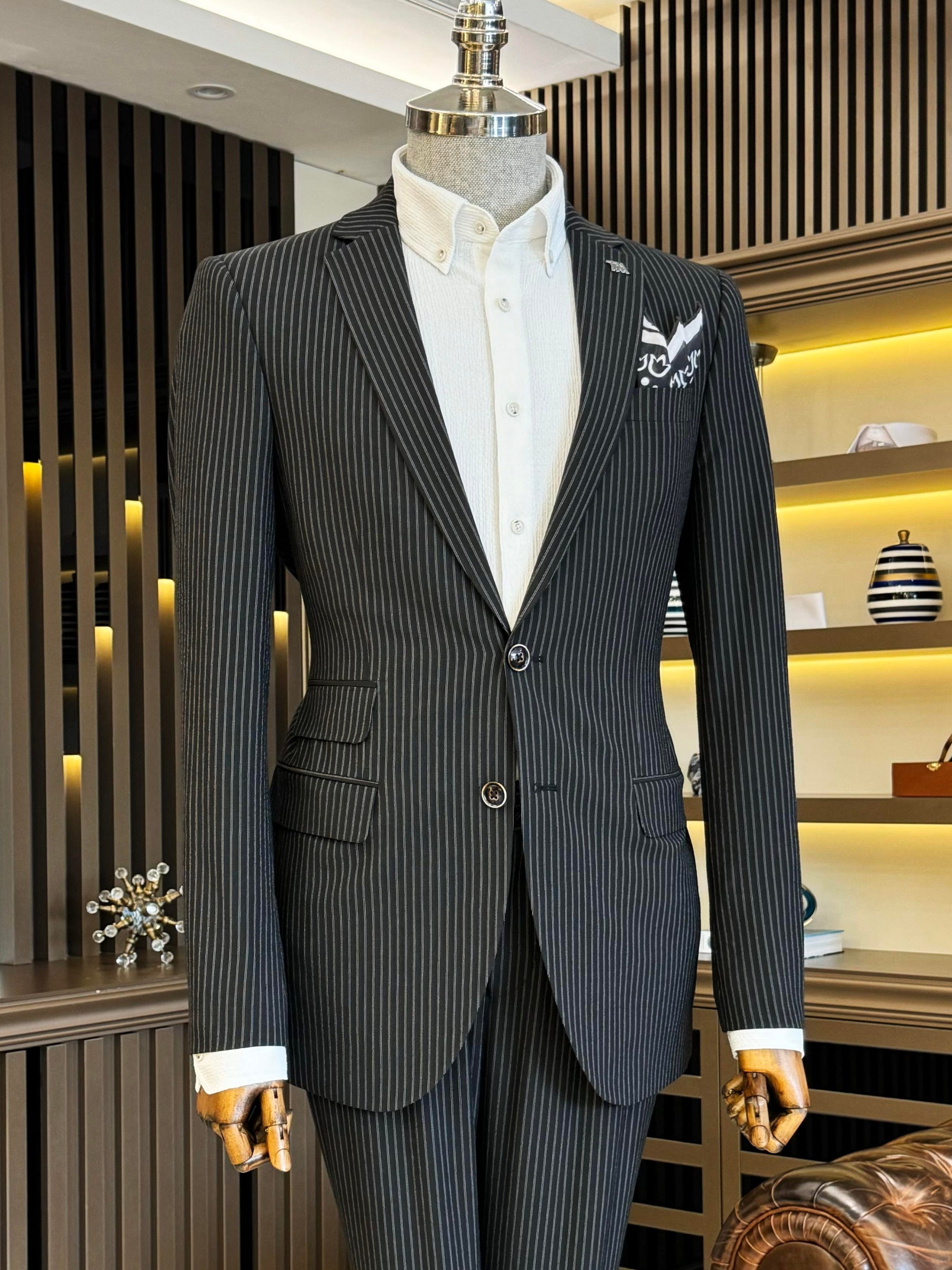 Black Striped Slim-Fit Suit 2-Piece