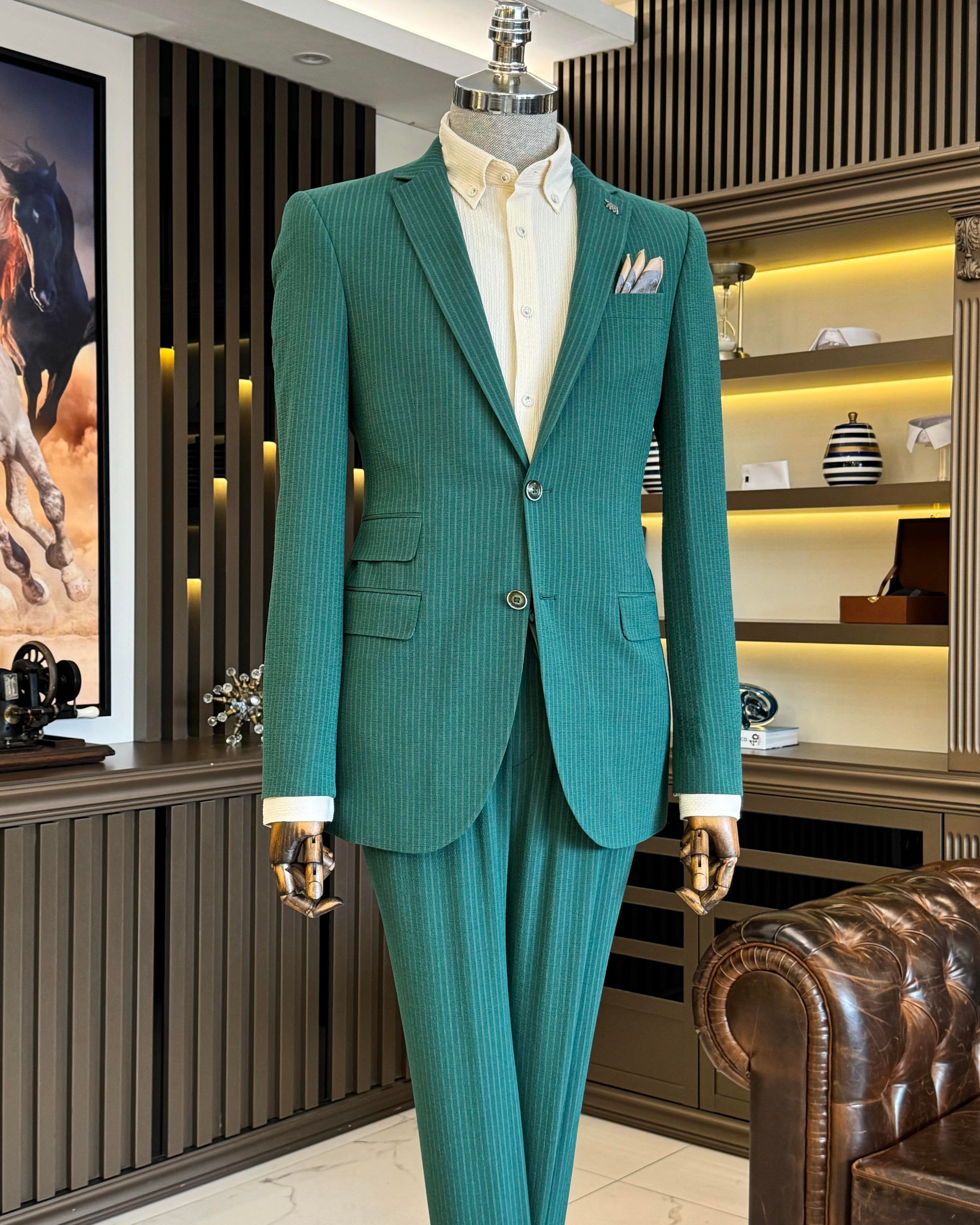 Green Striped Slim-Fit Suit 2-Piece