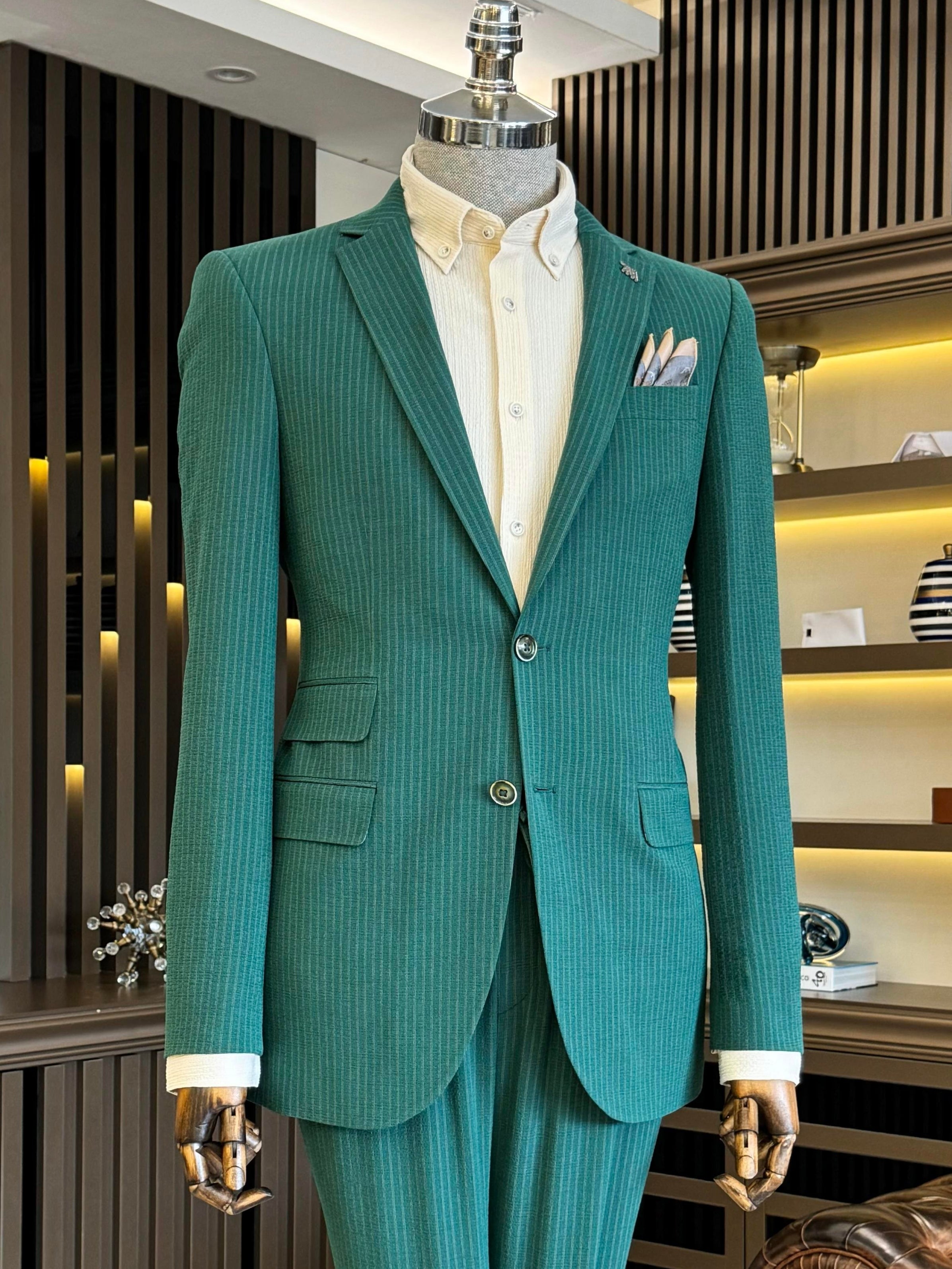 Green Striped Slim-Fit Suit 2-Piece