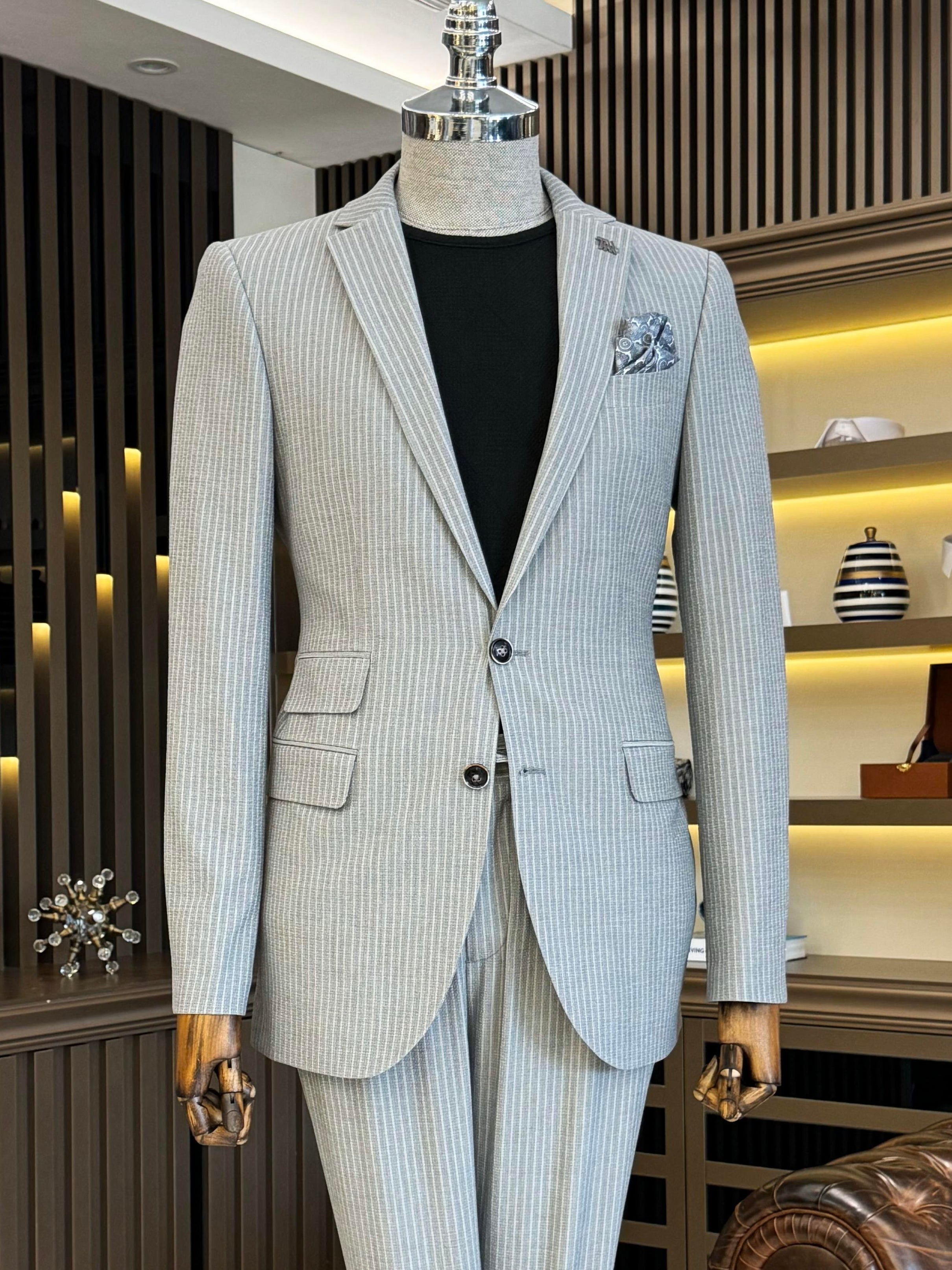 Grey Striped Slim-Fit Suit 2-Piece